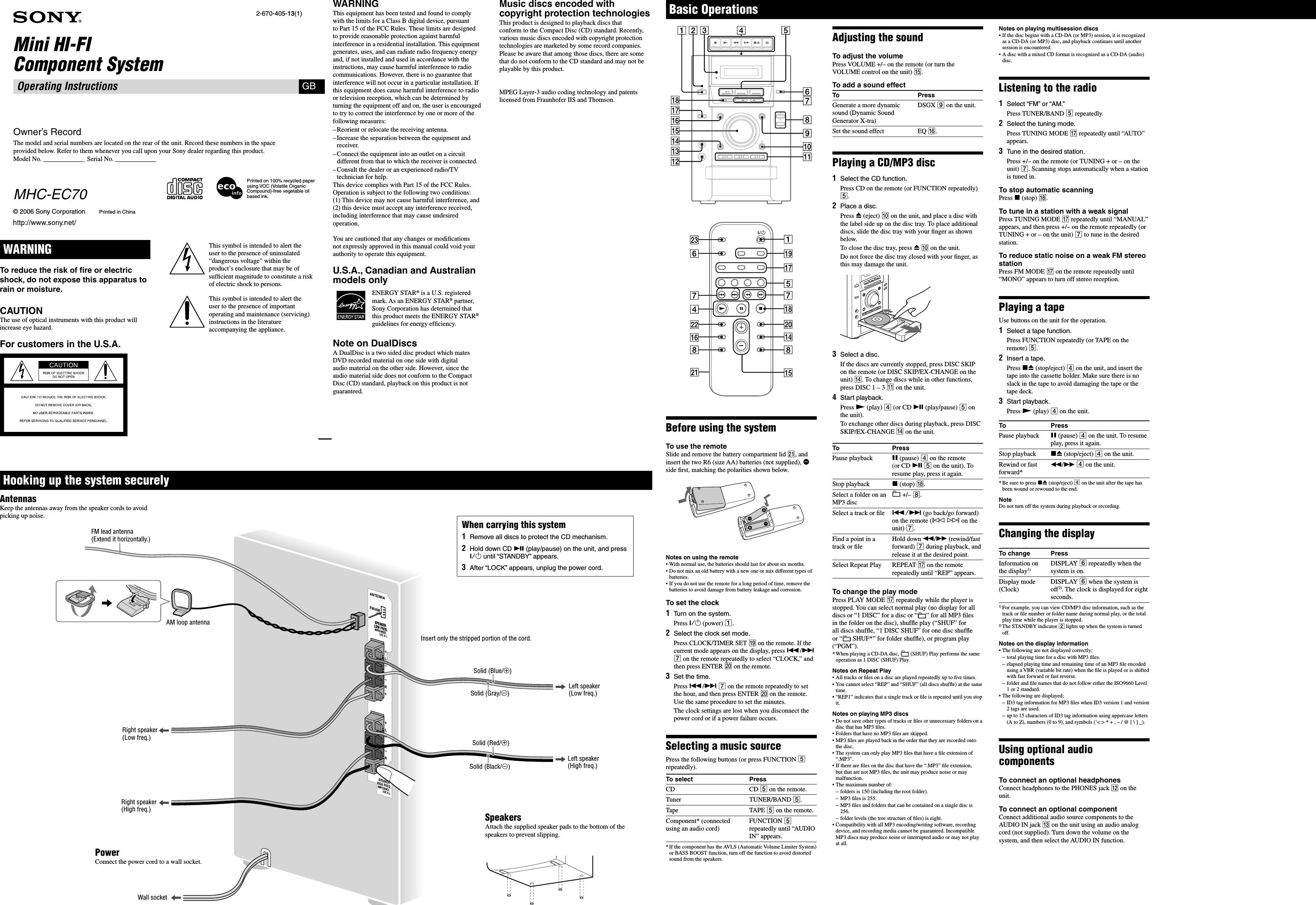 Page 1 of 2 - Sony HCD-EC70 MHC-EC70 User Manual Operating Instructions (MHC-EC70 Mini Hi-Fi System) MHCEC70