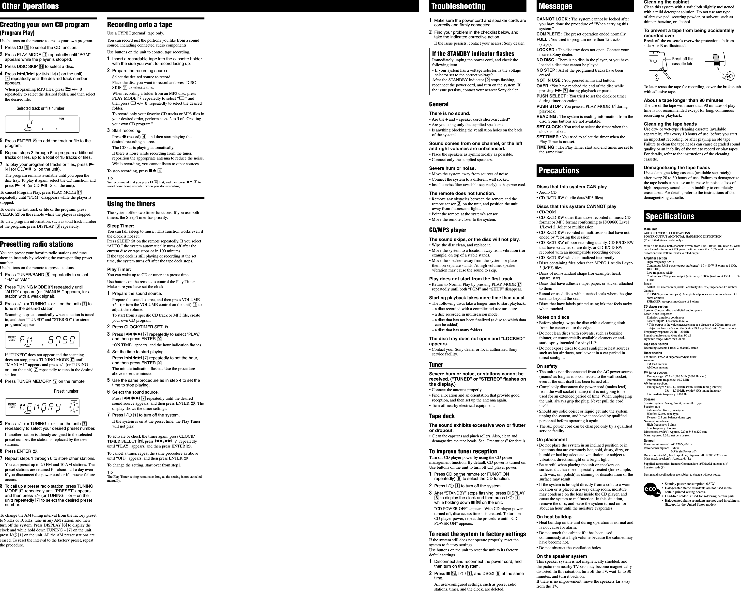 Page 2 of 2 - Sony HCD-EC70 MHC-EC70 User Manual Operating Instructions (MHC-EC70 Mini Hi-Fi System) MHCEC70