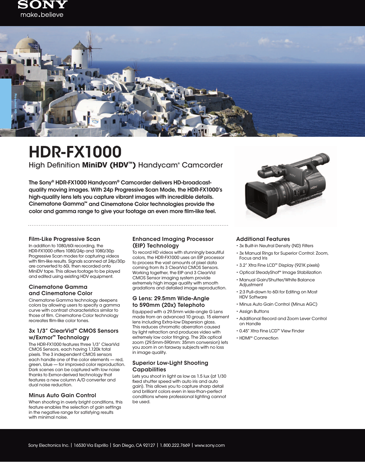 Page 1 of 2 - Sony HDR-FX1000 CAM_SpecSheetsONLY2011 User Manual Marketing Specifications HDRFX1000 Mksp