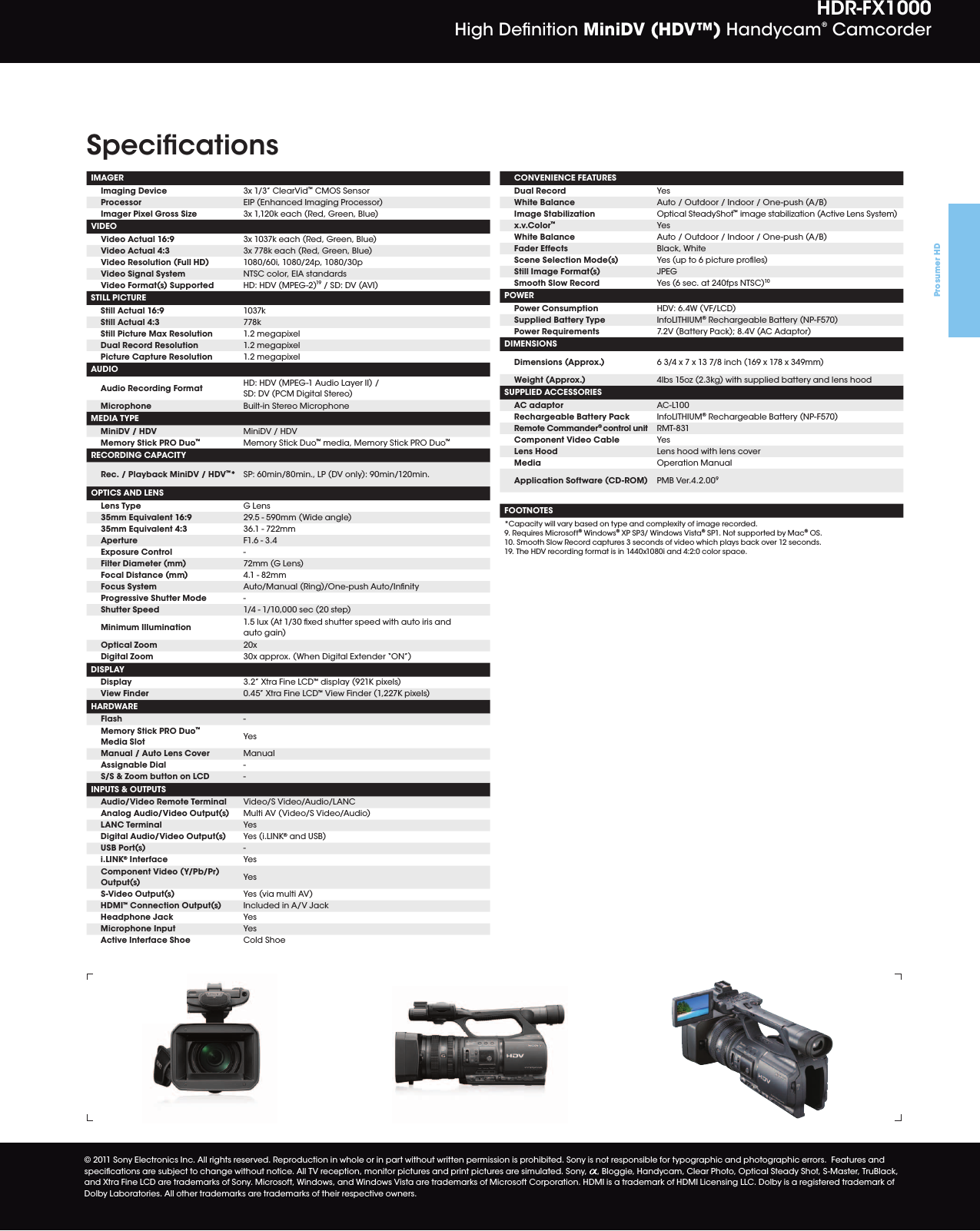 Page 2 of 2 - Sony HDR-FX1000 CAM_SpecSheetsONLY2011 User Manual Marketing Specifications HDRFX1000 Mksp