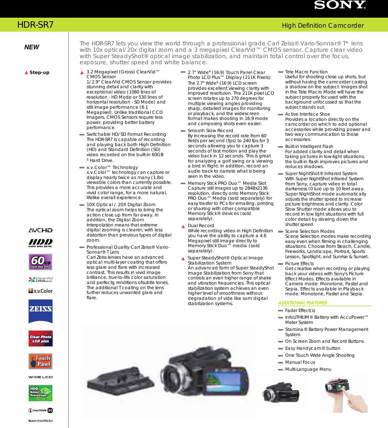 Page 1 of 2 - Sony HDR-SR7 User Manual Marketing Specifications HDRSR7 Mksp