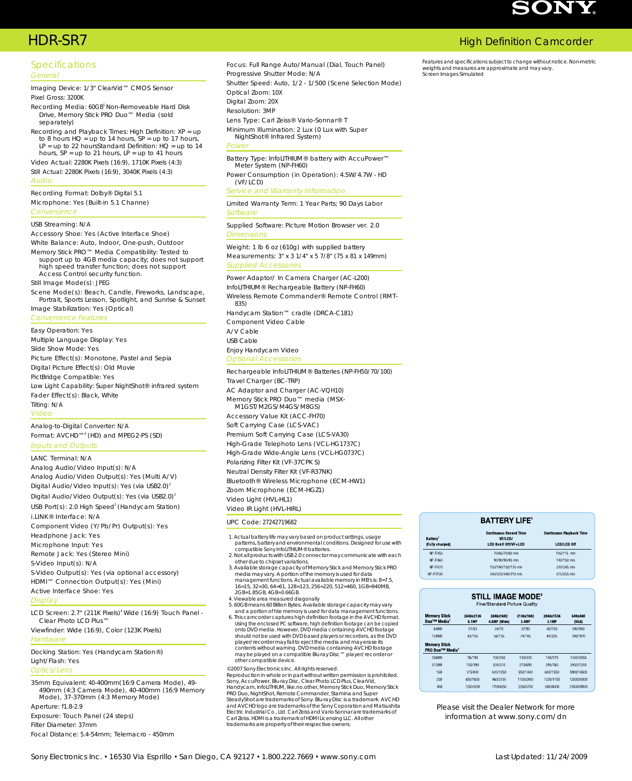 Page 2 of 2 - Sony HDR-SR7 User Manual Marketing Specifications HDRSR7 Mksp