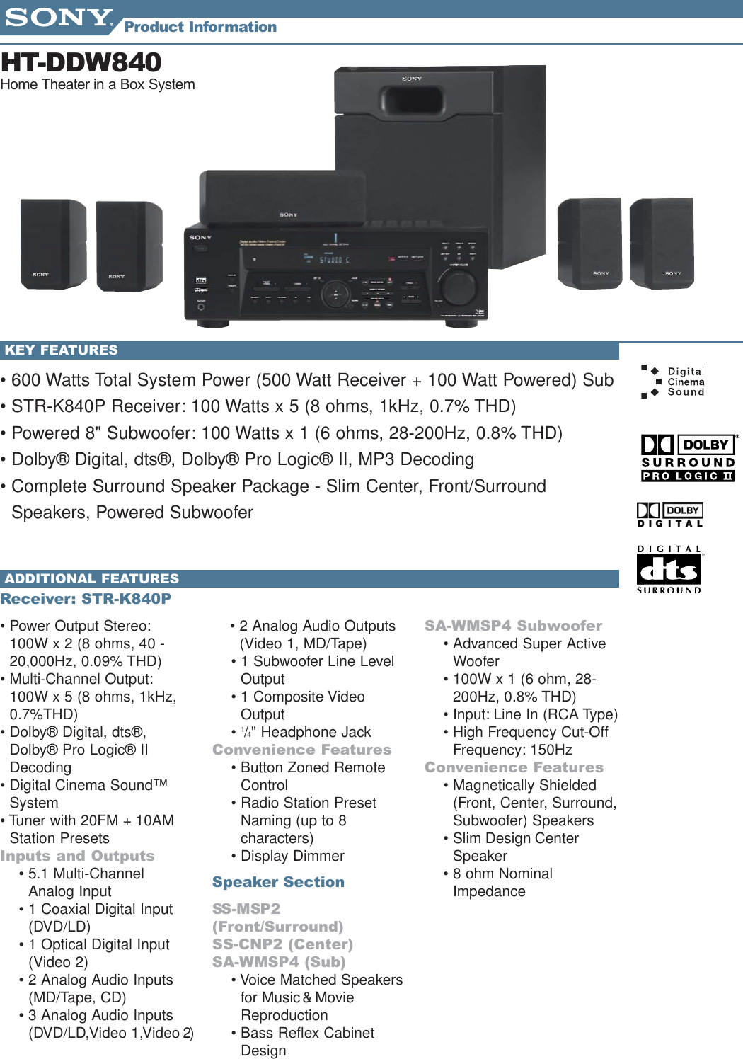 Page 1 of 2 - Sony HT-DDW840 HTIB_Info_Sheets_1 User Manual Marketing Specifications HTDDW840spec