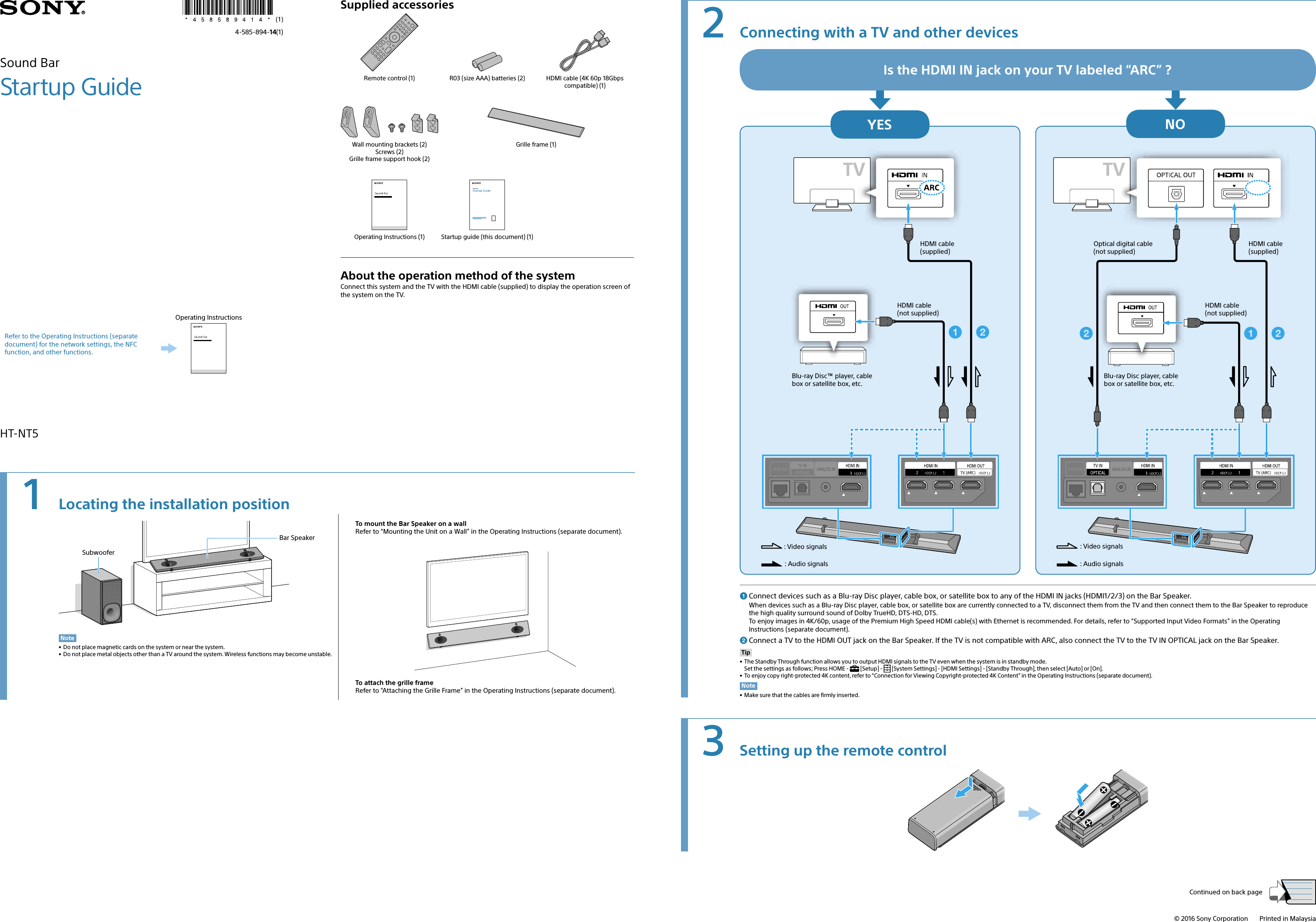 Page 1 of 2 - Sony HT-NT5 User Manual Startup Guide QSG 4585894141