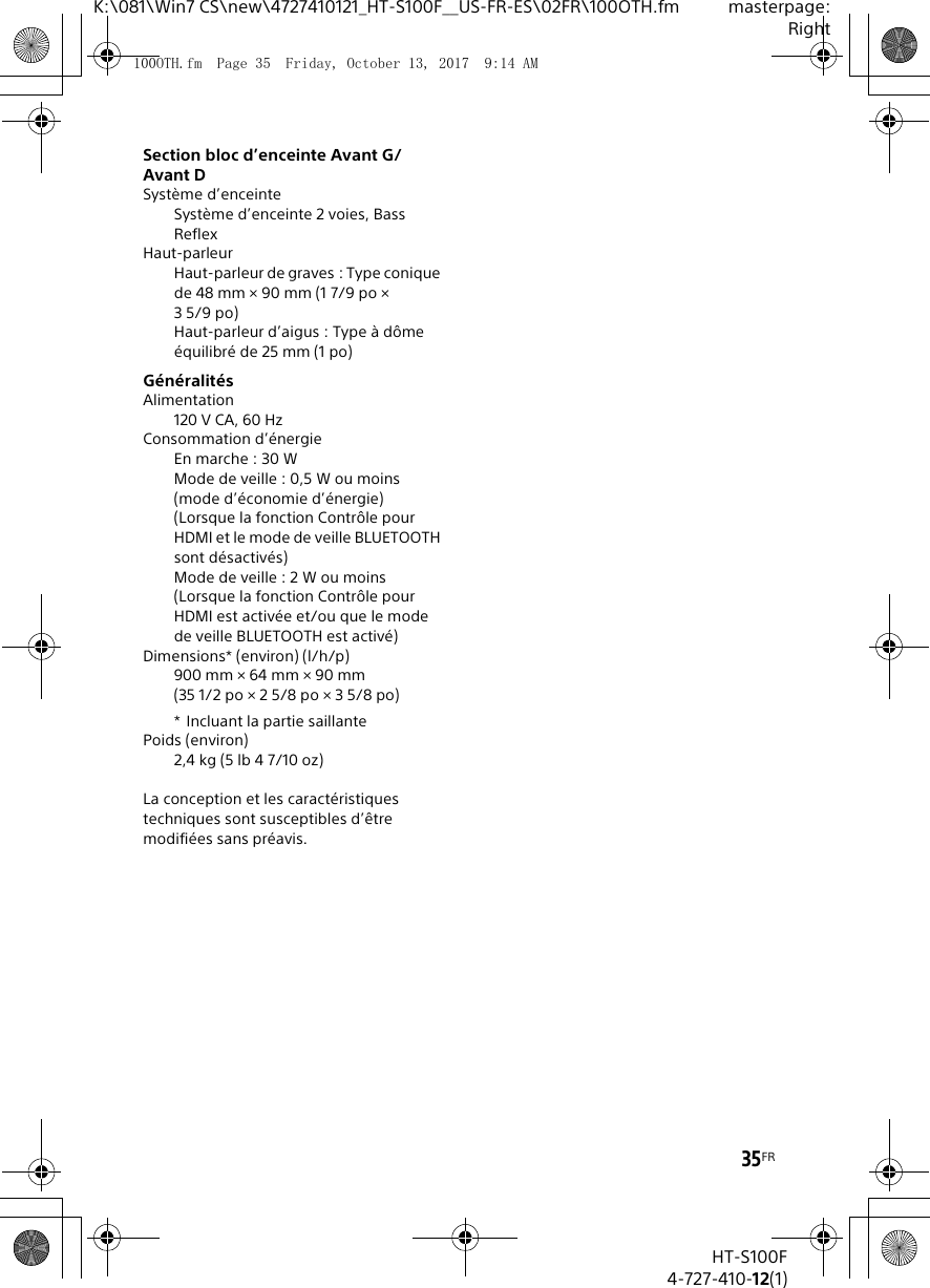 Sony HTS100F Sound Bar User Manual HT S100F