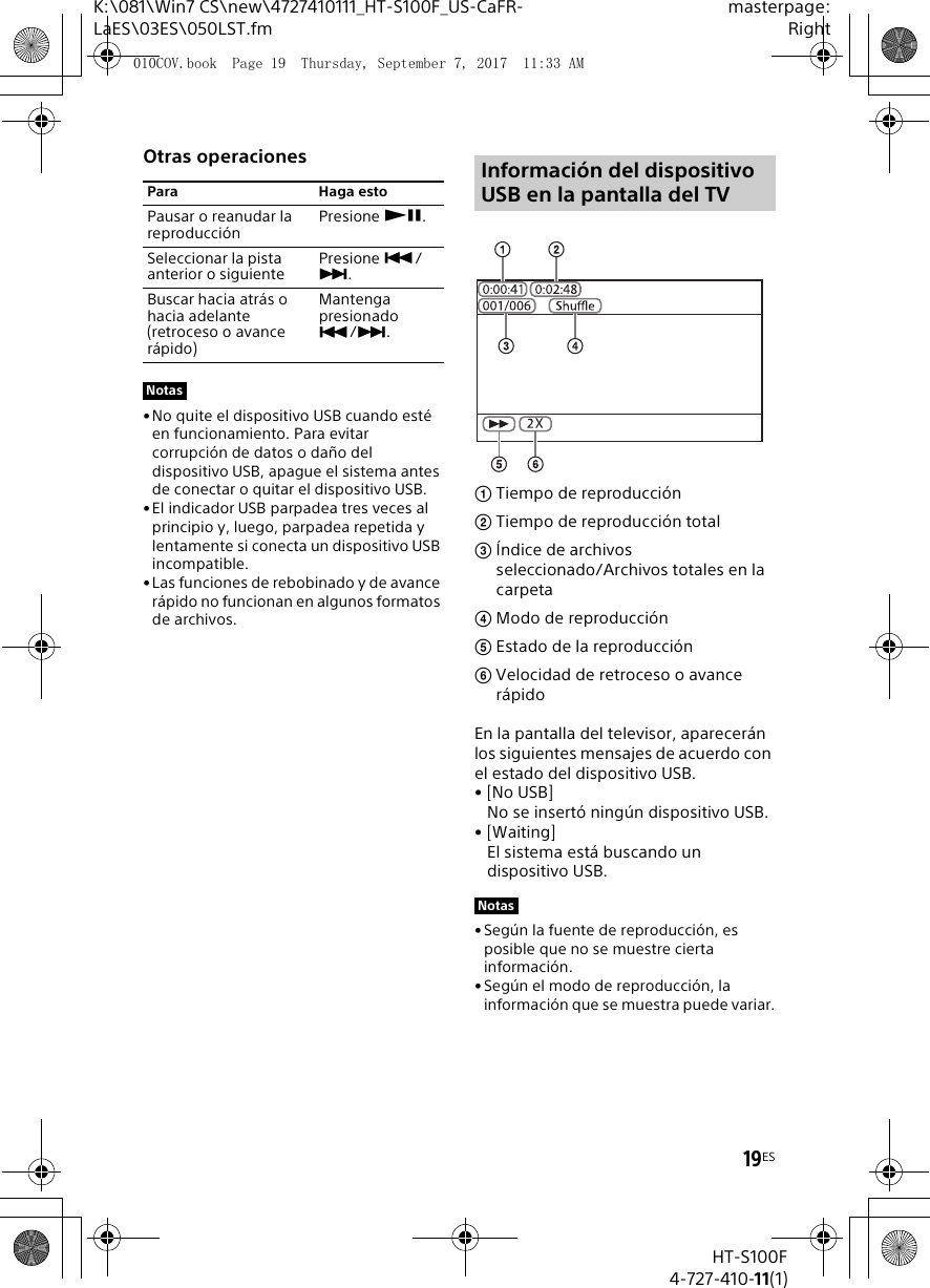 19ESK:\081\Win7 CS\new\4727410111_HT-S100F_US-CaFR-LaES\03ES\050LST.fmmasterpage:RightHT-S100F4-727-410-11(1)Otras operaciones&bull;No quite el dispositivo USB cuando est&eacute; en funcionamiento. Para evitar corrupci&oacute;n de datos o da&ntilde;o del dispositivo USB, apague el sistema antes de conectar o quitar el dispositivo USB.&bull; El indicador USB parpadea tres veces al principio y, luego, parpadea repetida y lentamente si conecta un dispositivo USB incompatible.&bull;Las funciones de rebobinado y de avance r&aacute;pido no funcionan en algunos formatos de archivos.Tiempo de reproducci&oacute;nTiempo de reproducci&oacute;n total&Iacute;ndice de archivos seleccionado/Archivos totales en la carpetaModo de reproducci&oacute;nEstado de la reproducci&oacute;nVelocidad de retroceso o avance r&aacute;pidoEn la pantalla del televisor, aparecer&aacute;n los siguientes mensajes de acuerdo con el estado del dispositivo USB.&bull;[No USB]No se insert&oacute; ning&uacute;n dispositivo USB.&bull;[Waiting]El sistema est&aacute; buscando un dispositivo USB.&bull; Seg&uacute;n la fuente de reproducci&oacute;n, es posible que no se muestre cierta informaci&oacute;n.&bull; Seg&uacute;n el modo de reproducci&oacute;n, la informaci&oacute;n que se muestra puede variar.Para Haga estoPausar o reanudar la reproducci&oacute;n Presione .Seleccionar la pista anterior o siguiente Presione /.Buscar hacia atr&aacute;s o hacia adelante (retroceso o avance r&aacute;pido)Mantenga presionado /.NotasInformaci&oacute;n del dispositivo USB en la pantalla del TVNotas010COV.book  Page 19  Thursday, September 7, 2017  11:33 AM