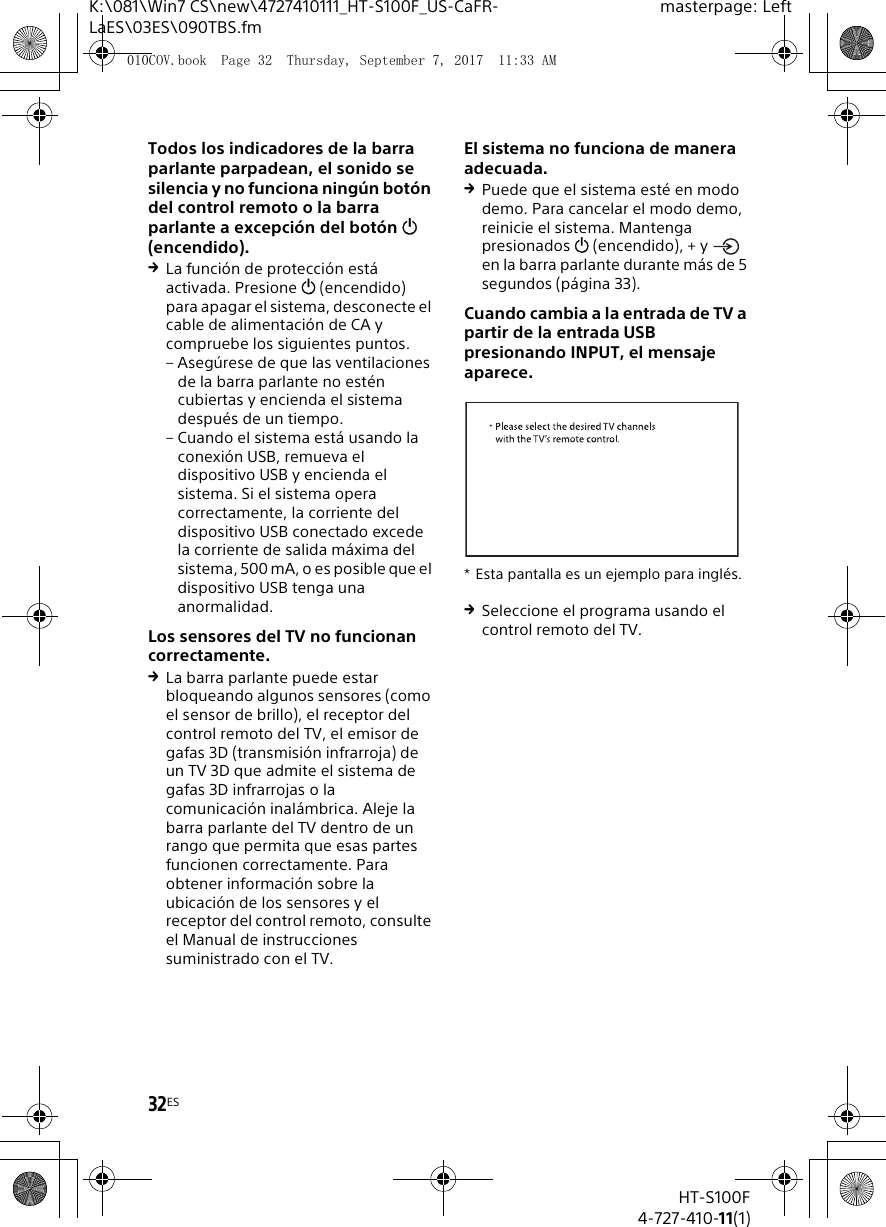 Sony HTS100F Sound Bar User Manual HT S100F