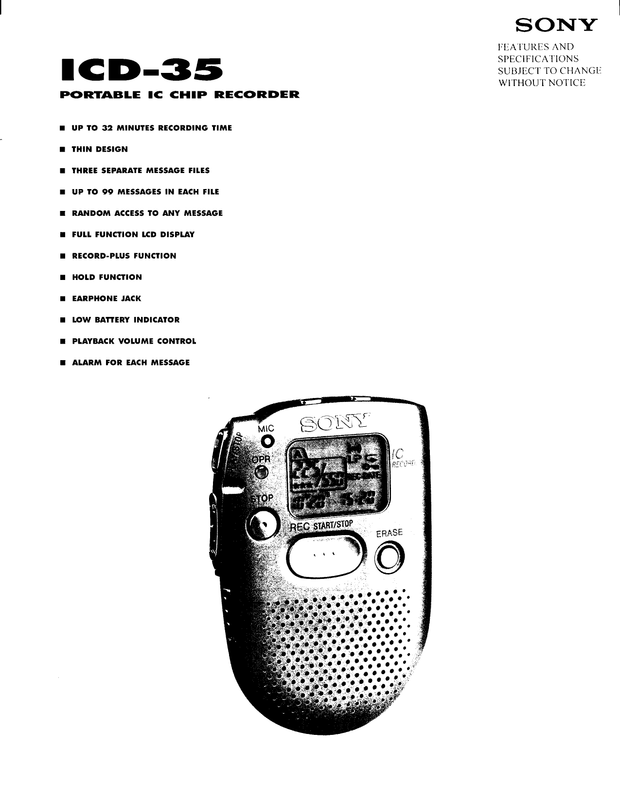 Page 1 of 2 - Sony ICD-35 User Manual Marketing Specifications ICD35 Mksp