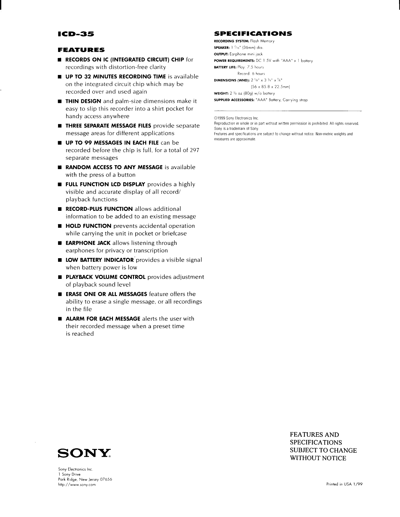 Page 2 of 2 - Sony ICD-35 User Manual Marketing Specifications ICD35 Mksp