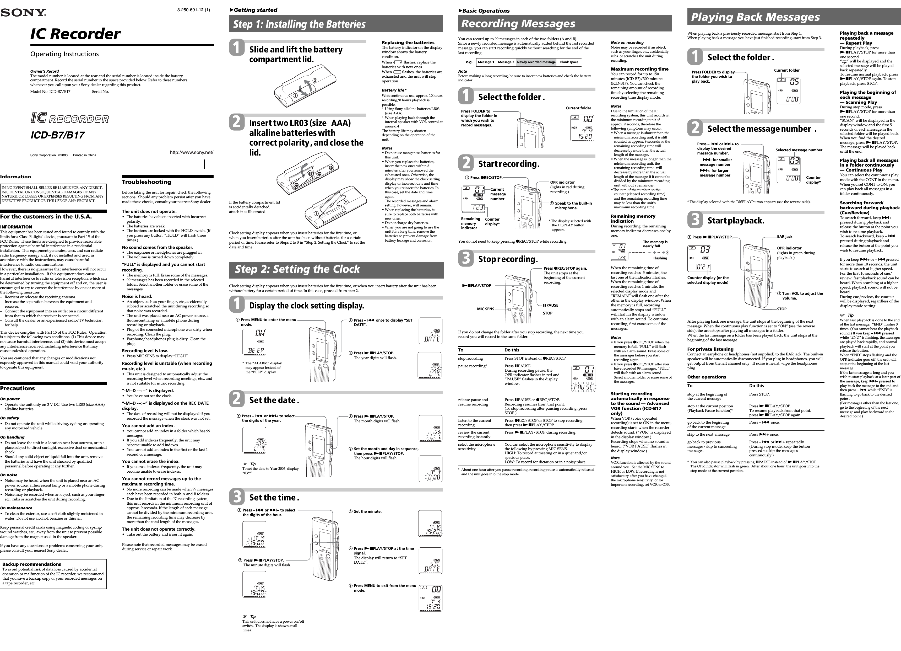 Page 1 of 2 - Sony ICD-B17 ICD-B7/B17 User Manual Operating Instructions ICDB17