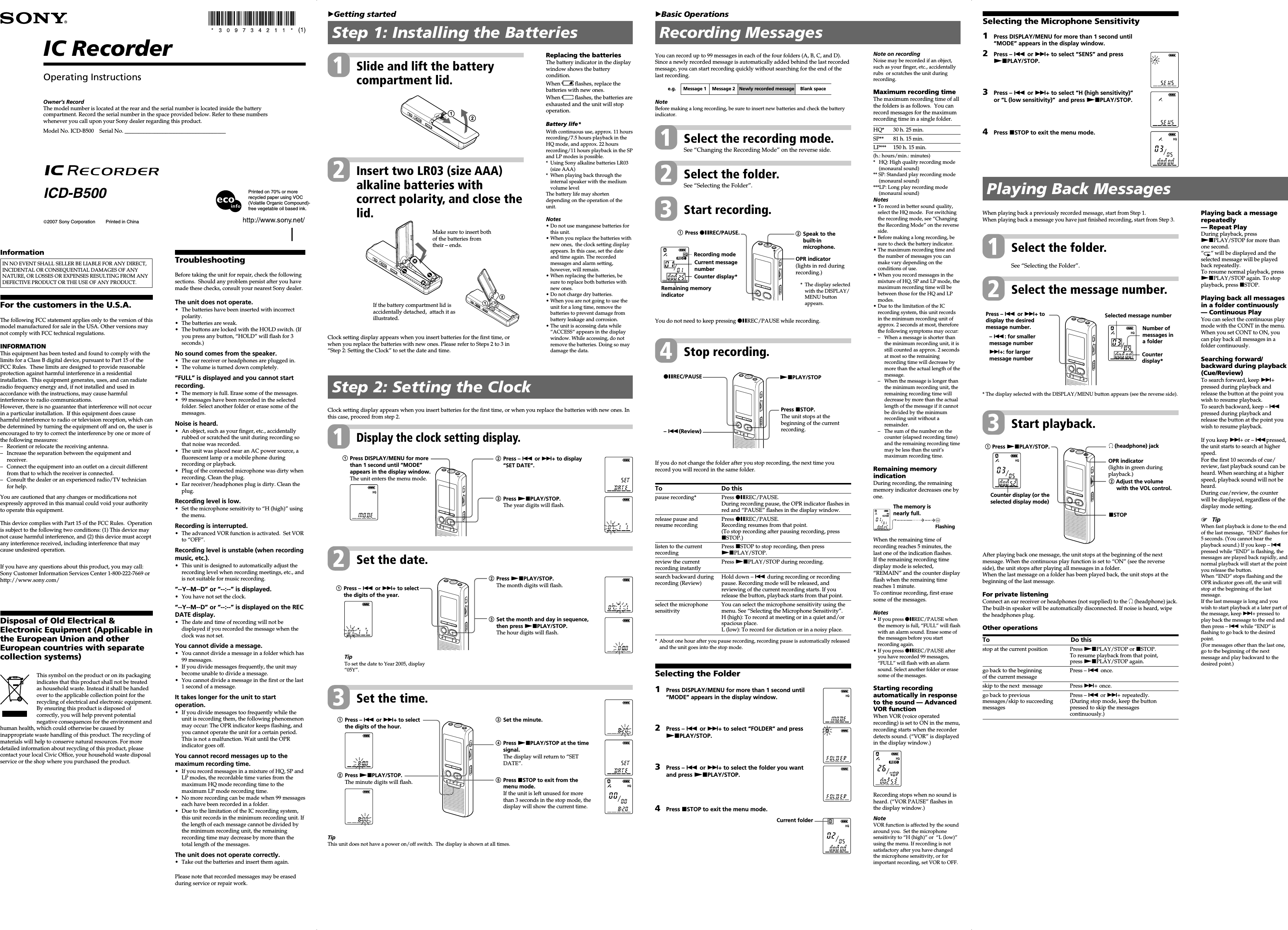 Page 1 of 2 - Sony ICD-B500 User Manual Operating Instructions ICDB500