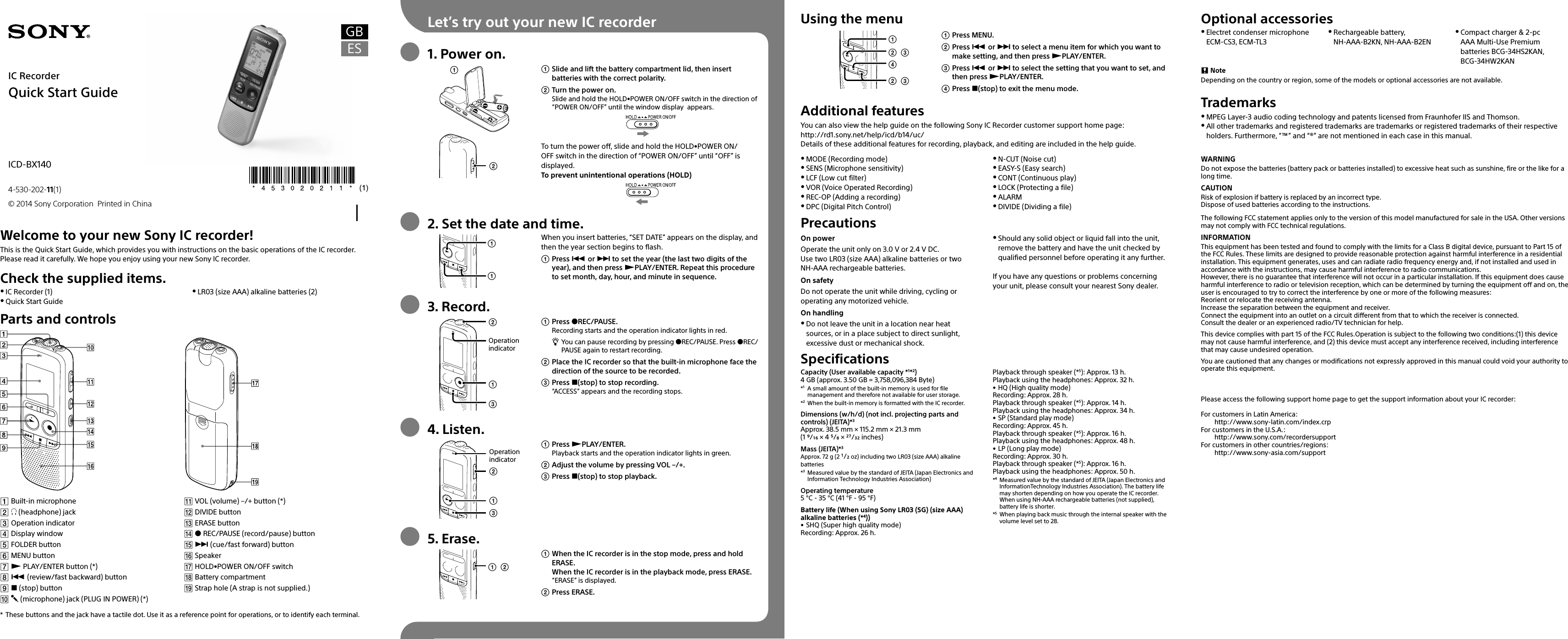 Achternaam Rommelig Gezondheid Sony ICD BX140 User Manual Quick Start Guide ICDBX140 QSG EN ES