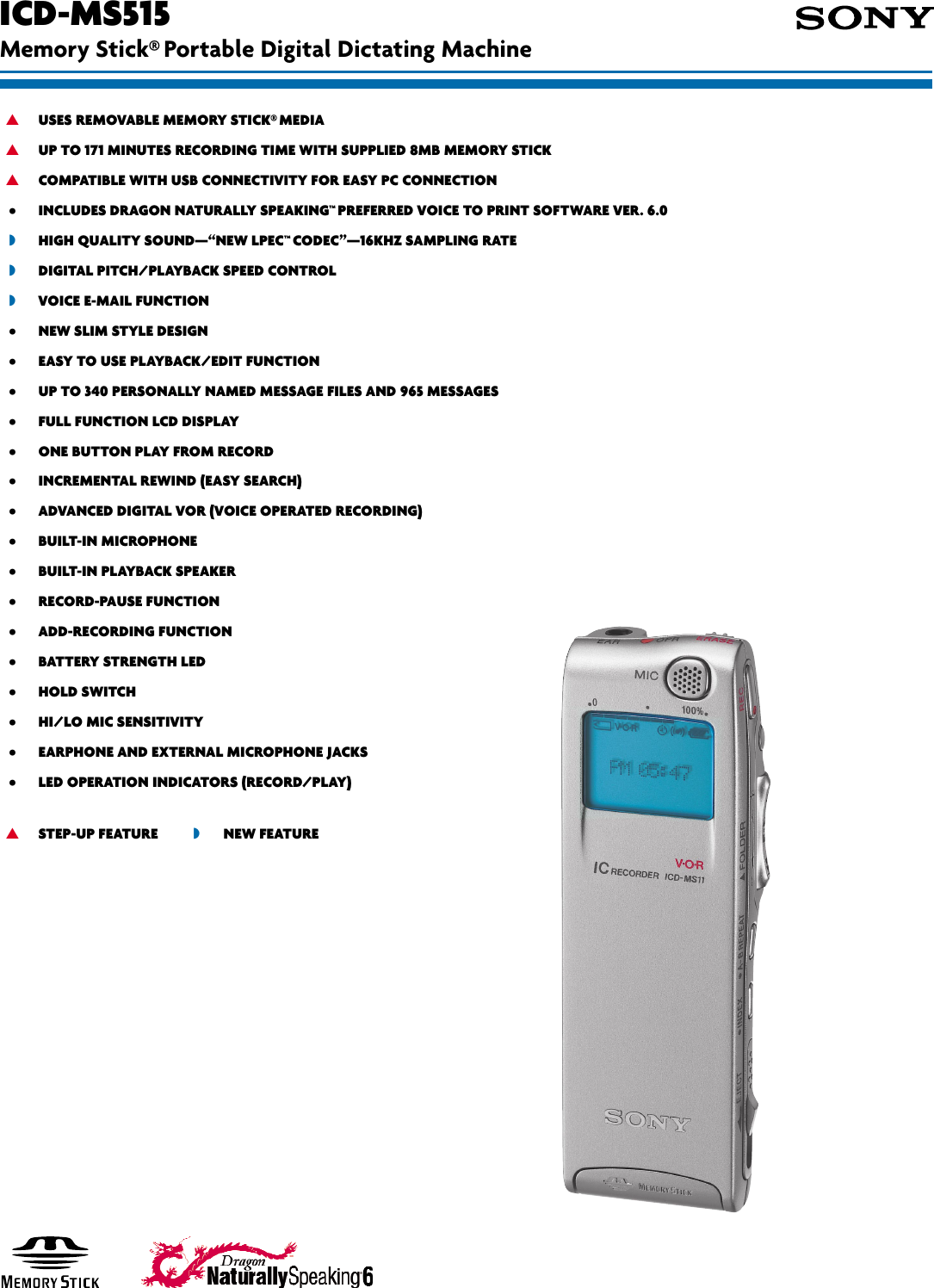 Page 1 of 2 - Sony ICD-MS515 SON 907; User Manual Marketing Specifications ICDMS515 Sp