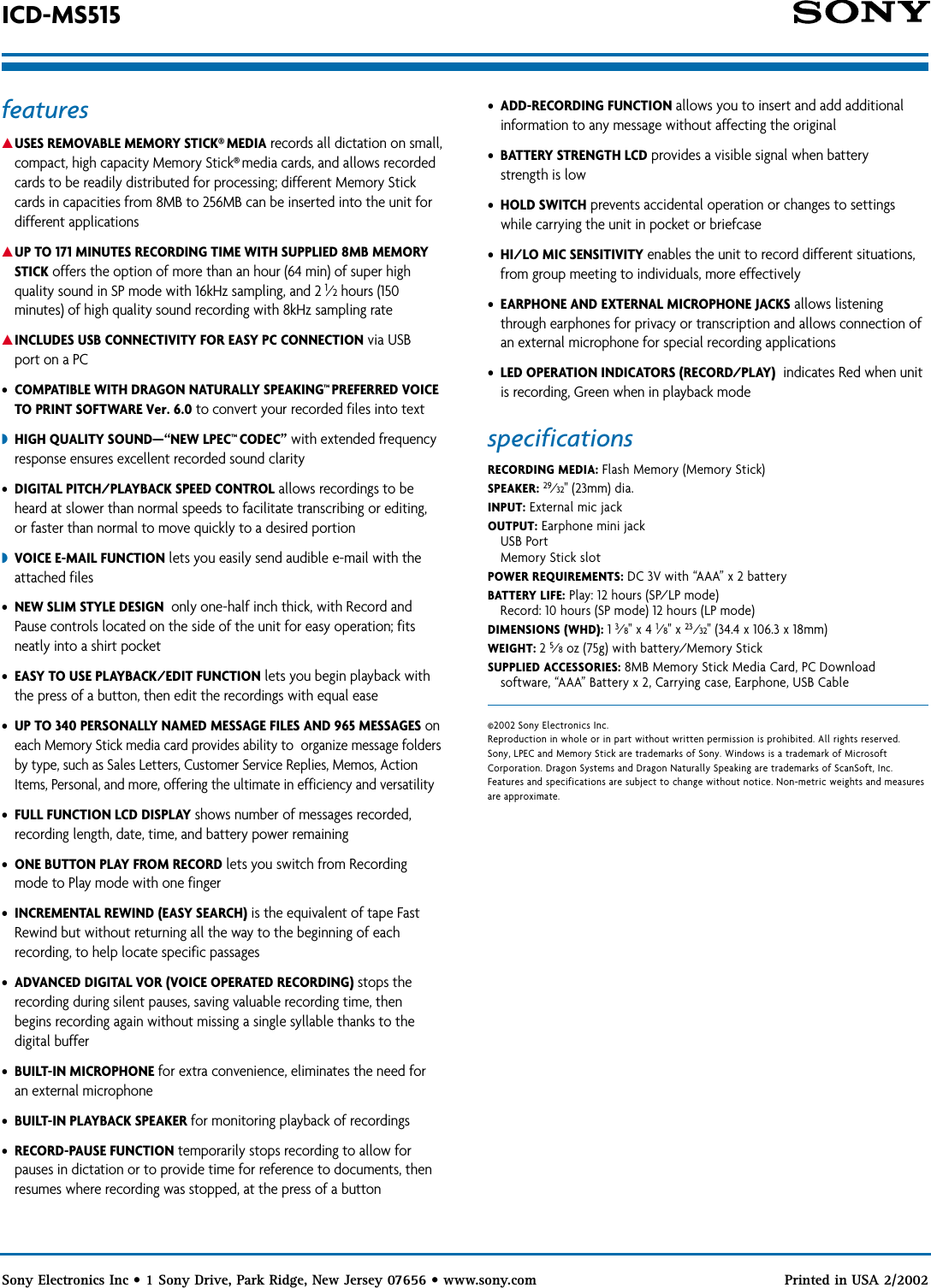 Page 2 of 2 - Sony ICD-MS515 SON 907; User Manual Marketing Specifications ICDMS515 Sp