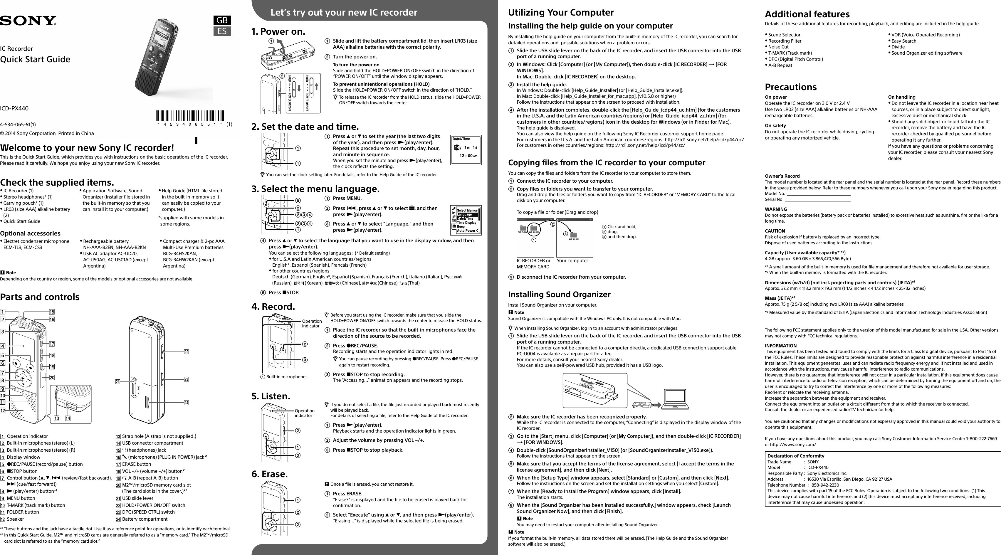 Page 1 of 2 - Sony ICD-PX440 User Manual Quick Start Guide ICDPX440 Qsg