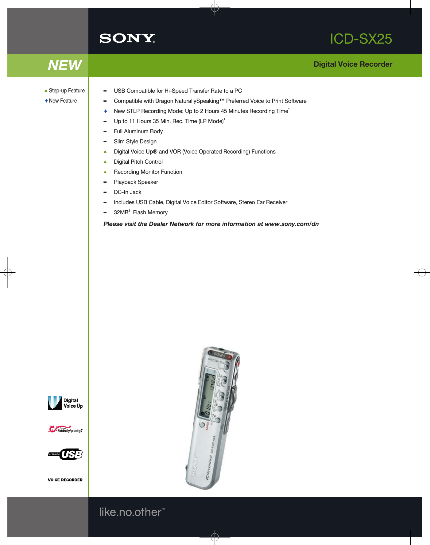 Page 1 of 2 - Sony ICD-SX25 User Manual Product Specifications Specs