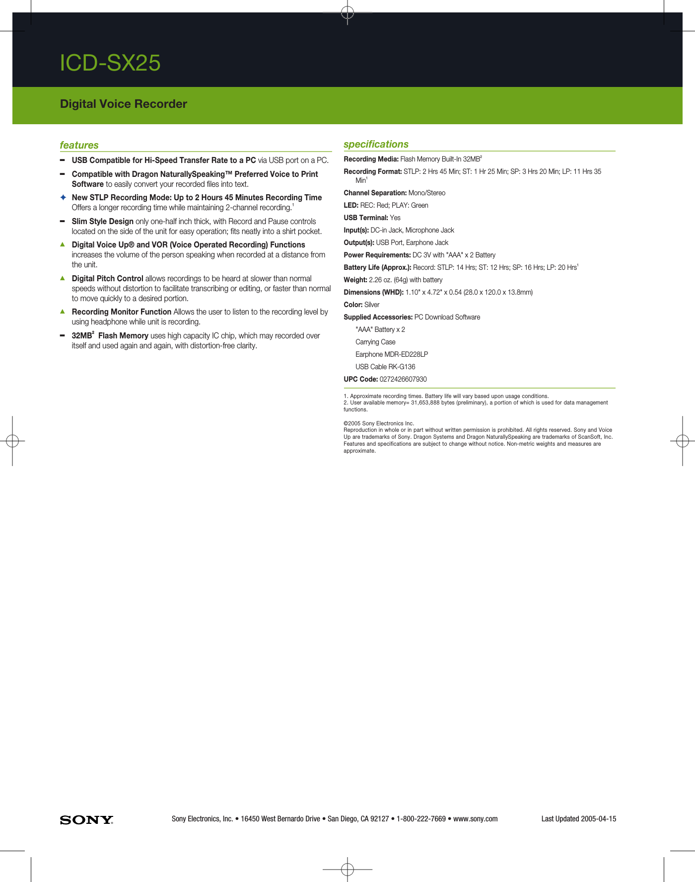 Page 2 of 2 - Sony ICD-SX25 User Manual Product Specifications Specs