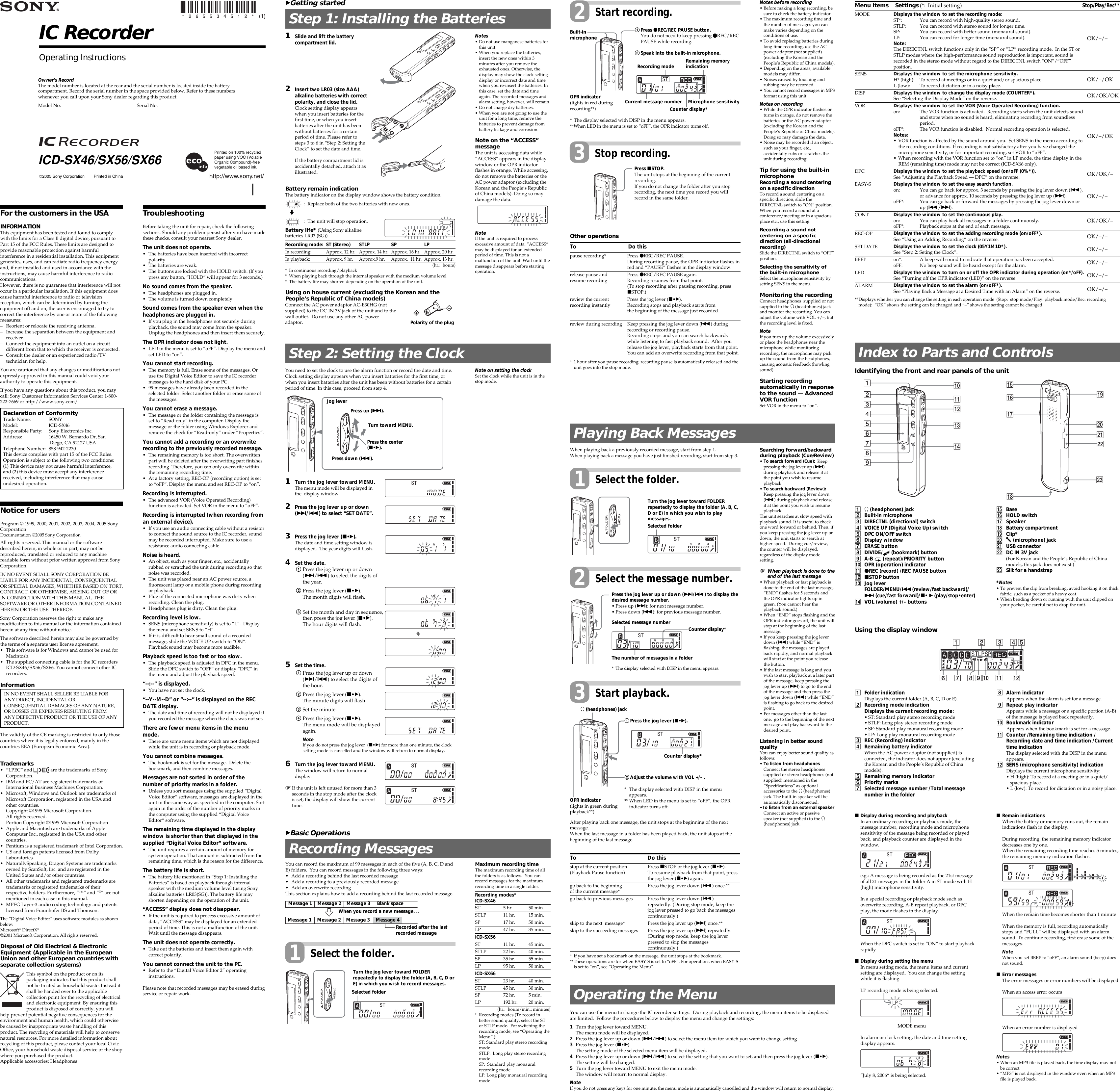 Page 1 of 2 - Sony ICD-SX46VTP ICD-SX46/SX56/SX66 User Manual Operating Instructions ICDSX46VTP