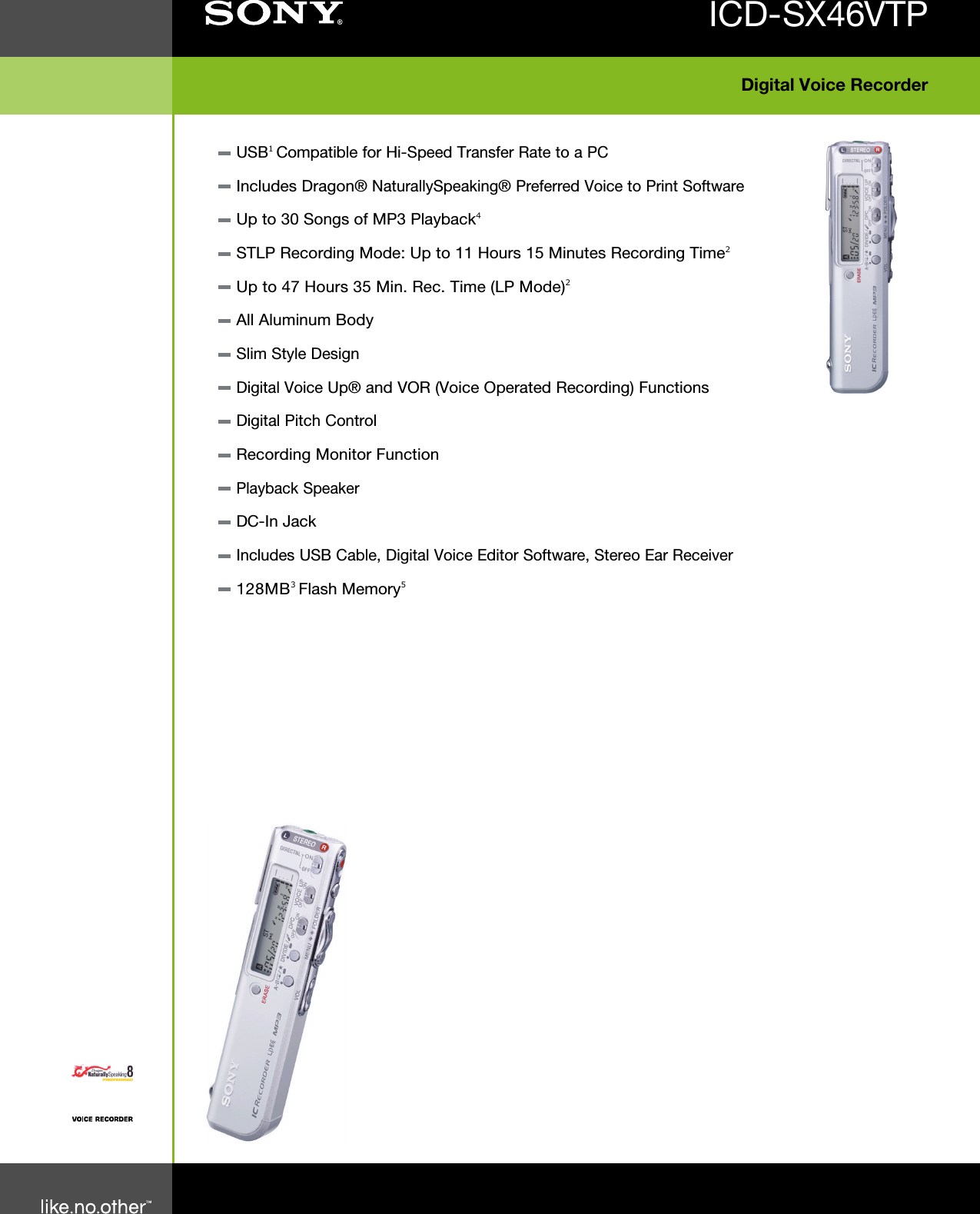 Page 1 of 2 - Sony ICD-SX46VTP User Manual Marketing Specifications ICDSX46VTP Mksp