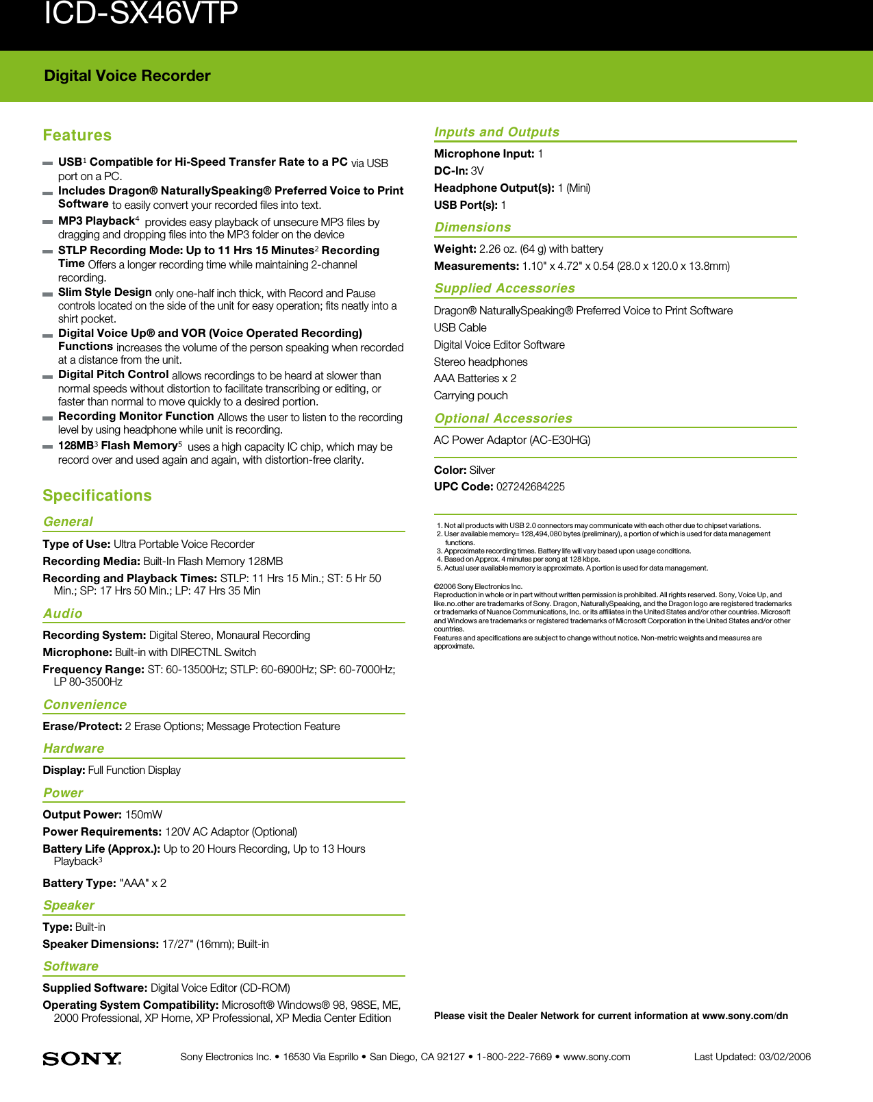 Page 2 of 2 - Sony ICD-SX46VTP User Manual Marketing Specifications ICDSX46VTP Mksp