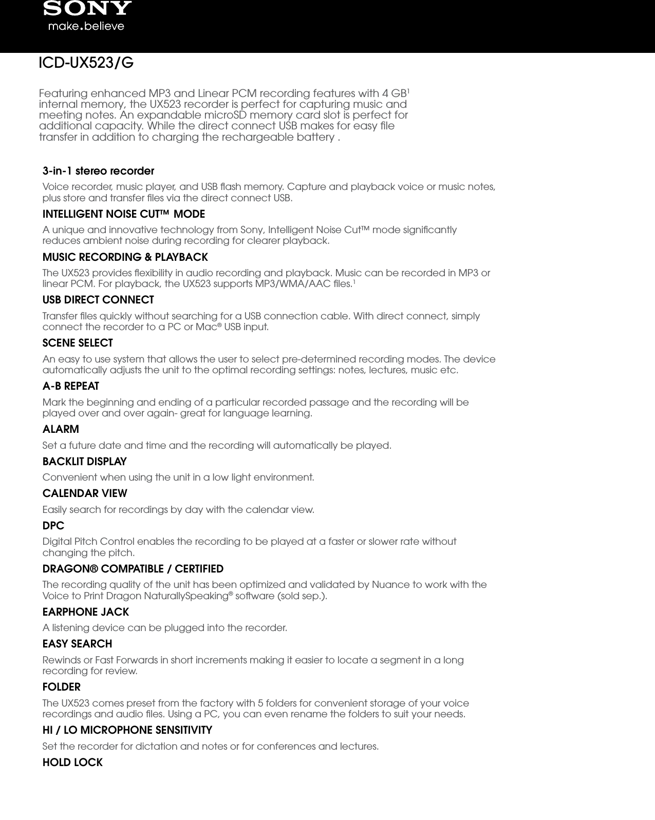 Page 1 of 4 - Sony ICD-UX523 User Manual Marketing Specifications (ICD-UX523/G) ICDUX523G Mksp