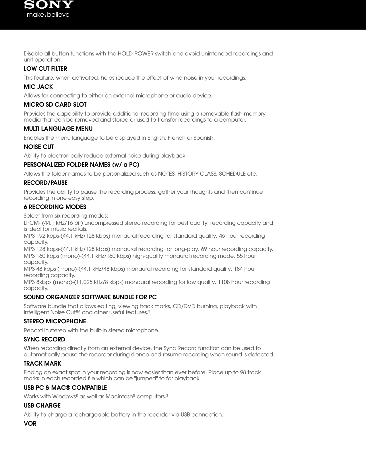 Page 2 of 4 - Sony ICD-UX523 User Manual Marketing Specifications (ICD-UX523/G) ICDUX523G Mksp