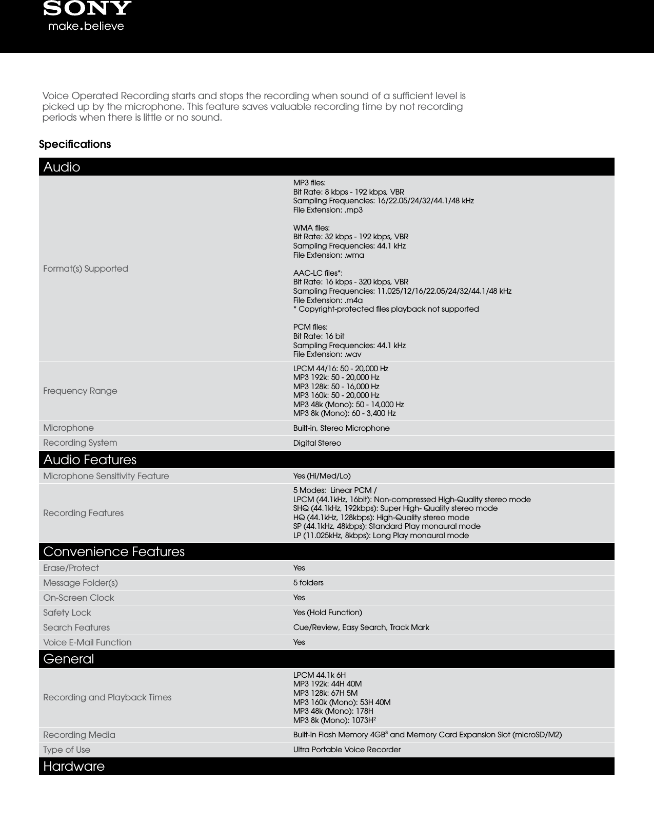 Page 3 of 4 - Sony ICD-UX523 User Manual Marketing Specifications (ICD-UX523/G) ICDUX523G Mksp