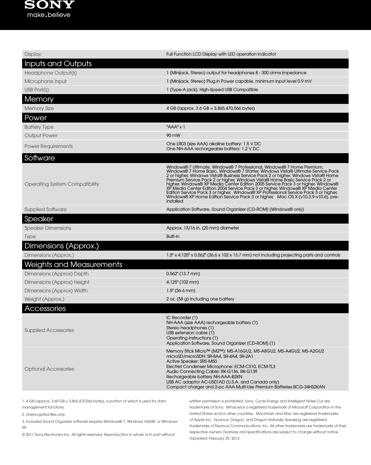 Page 4 of 4 - Sony ICD-UX523 User Manual Marketing Specifications (ICD-UX523/G) ICDUX523G Mksp