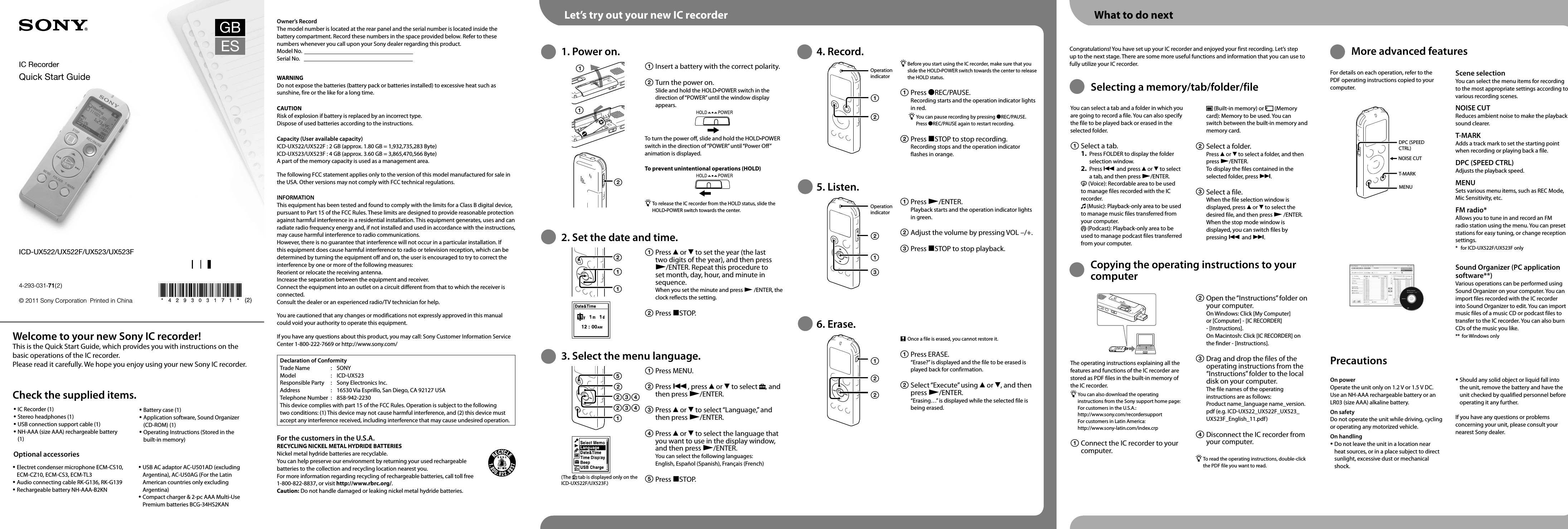 Page 1 of 2 - Sony ICD-UX523 ICD-UX522/UX522F/UX523/UX523F User Manual Quick Start Guide ICDUX522 UX522F UX523 UX523F Qs EN ES