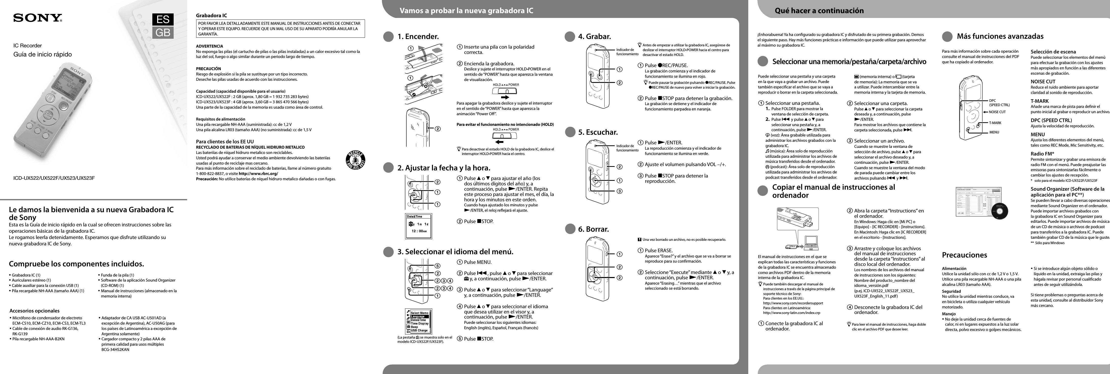 Page 2 of 2 - Sony ICD-UX523 ICD-UX522/UX522F/UX523/UX523F User Manual Quick Start Guide ICDUX522 UX522F UX523 UX523F Qs EN ES