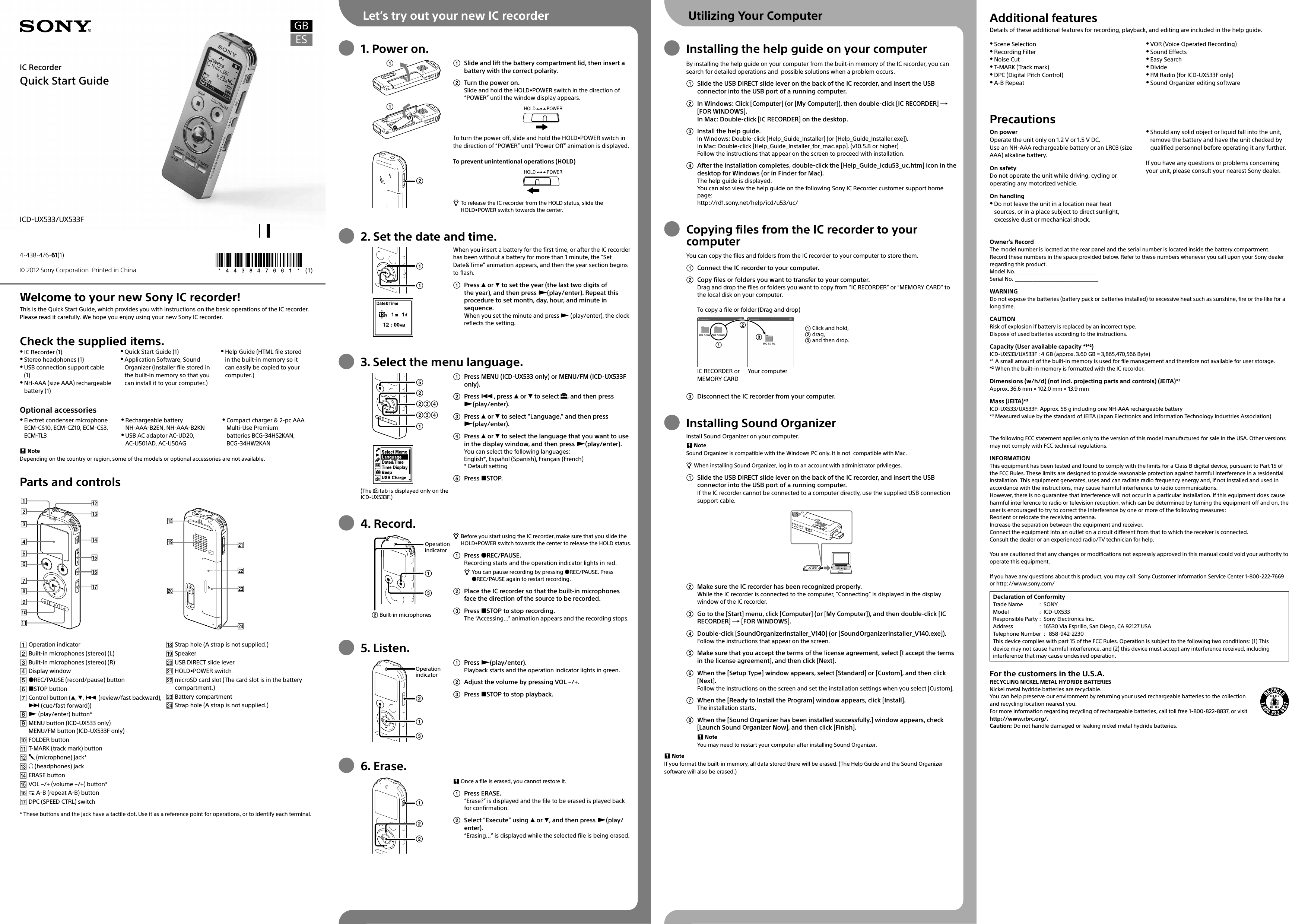 Page 1 of 2 - Sony ICD-UX533 User Manual Quick Start Guide ICDUX532 UX533 UX533F UX534F Qs EN ES