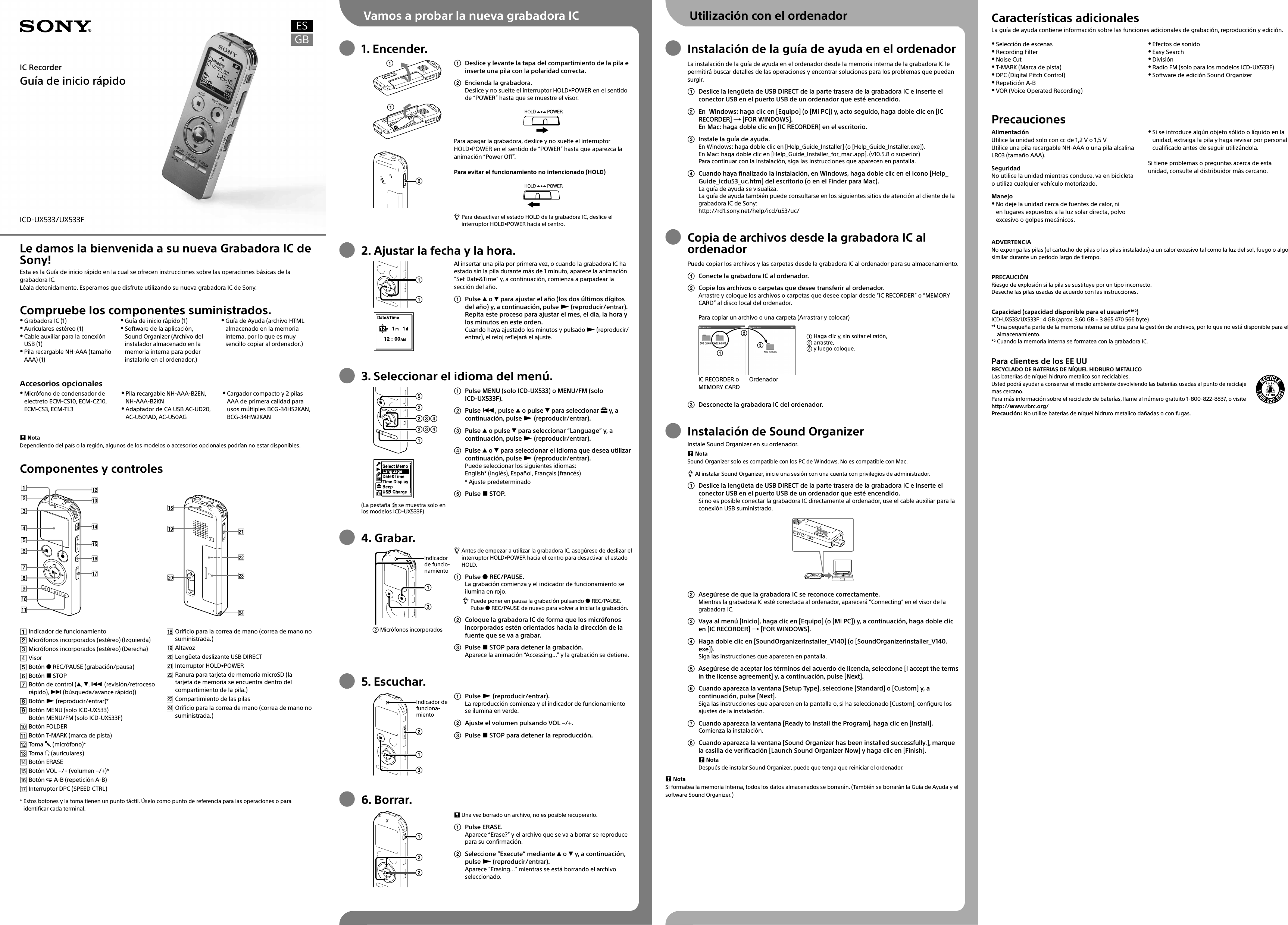 Page 2 of 2 - Sony ICD-UX533 User Manual Quick Start Guide ICDUX532 UX533 UX533F UX534F Qs EN ES