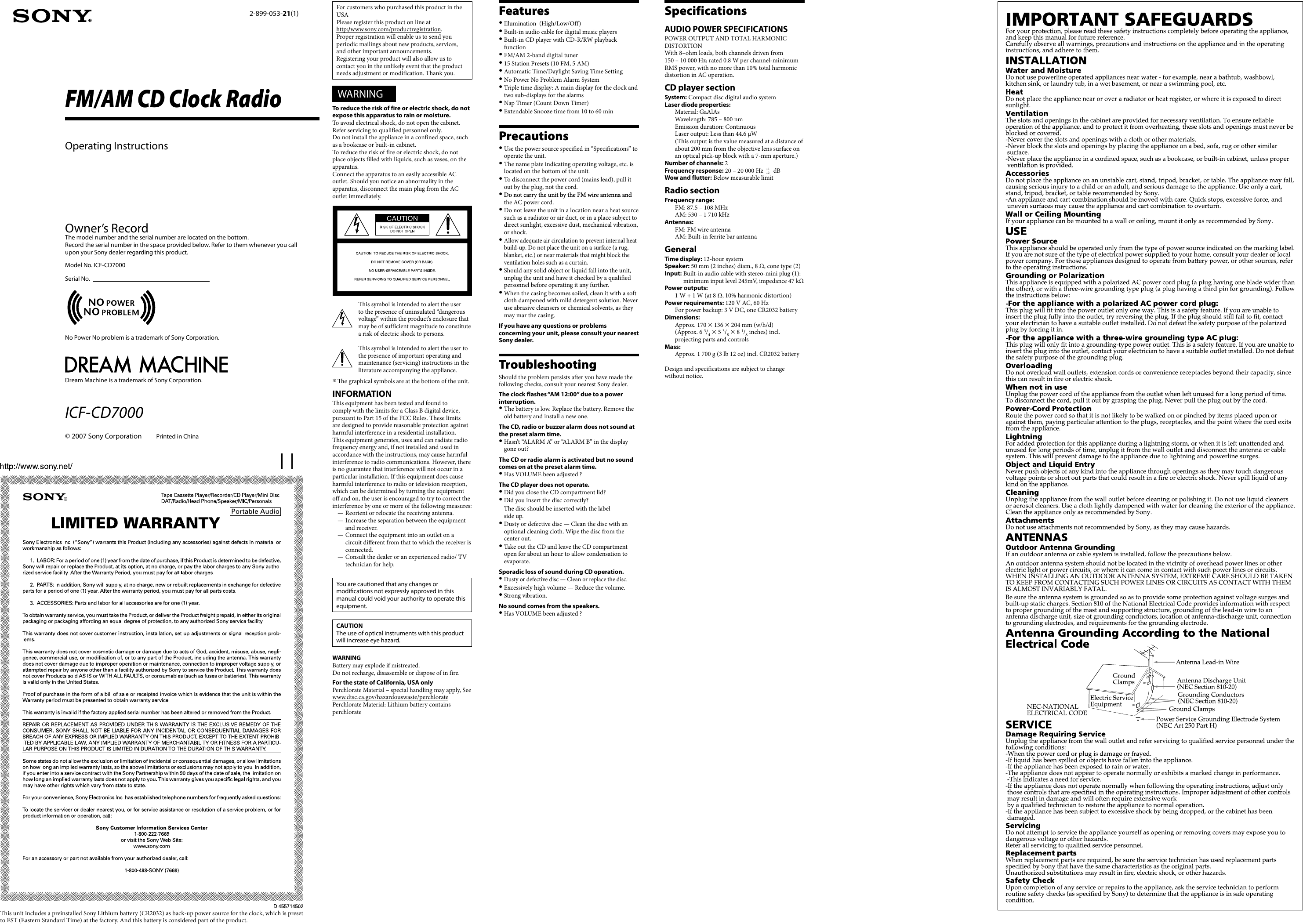 Page 1 of 2 - Sony ICF-CD7000 User Manual  To The Adcc79fd-6232-26a4-4138-0a139faebabd