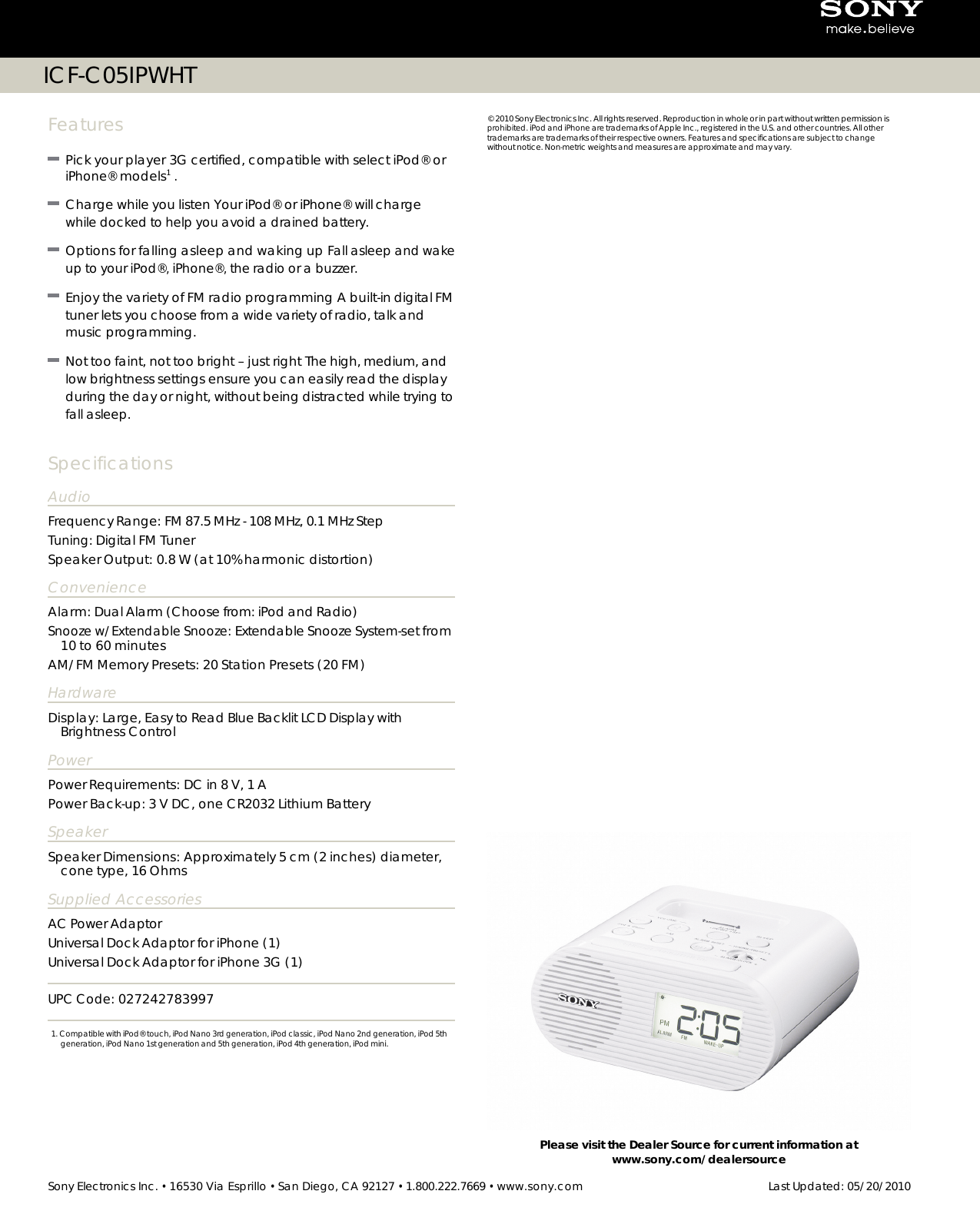 Page 2 of 2 - Sony ICF-C05iP User Manual Marketing Specifications  (ICFC05IPWHT)