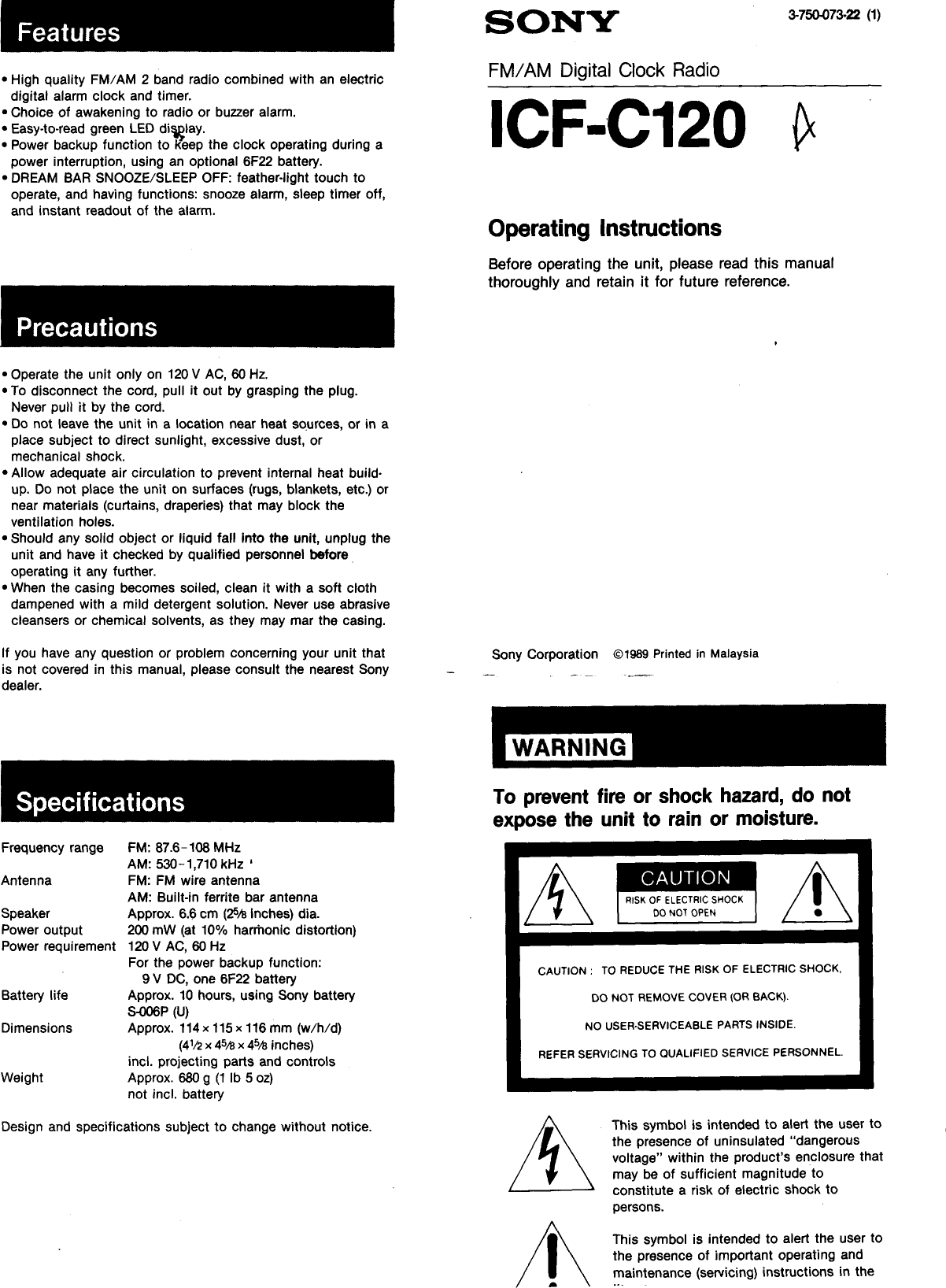 Page 1 of 4 - Sony ICF-C120 Primary User Manual ICFC120