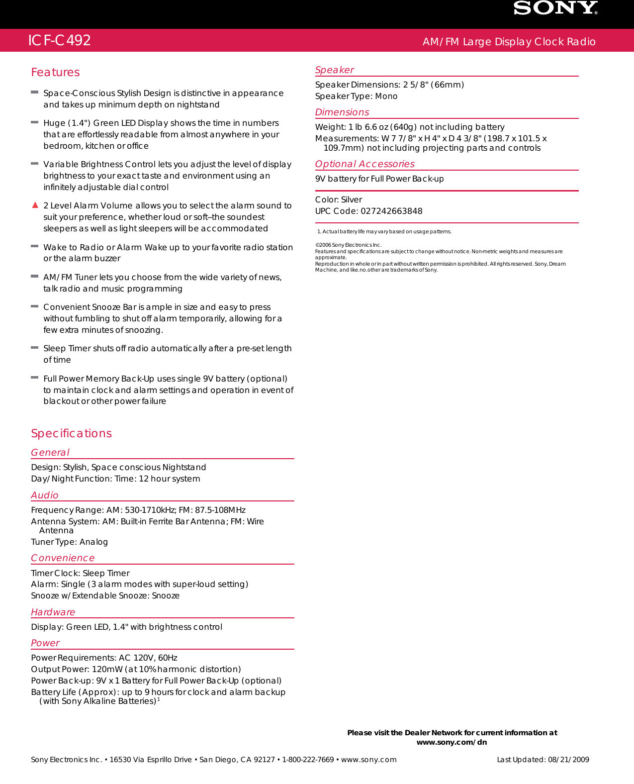 Page 2 of 2 - Sony ICF-C492 User Manual Marketing Specifications ICFC492 Mksp