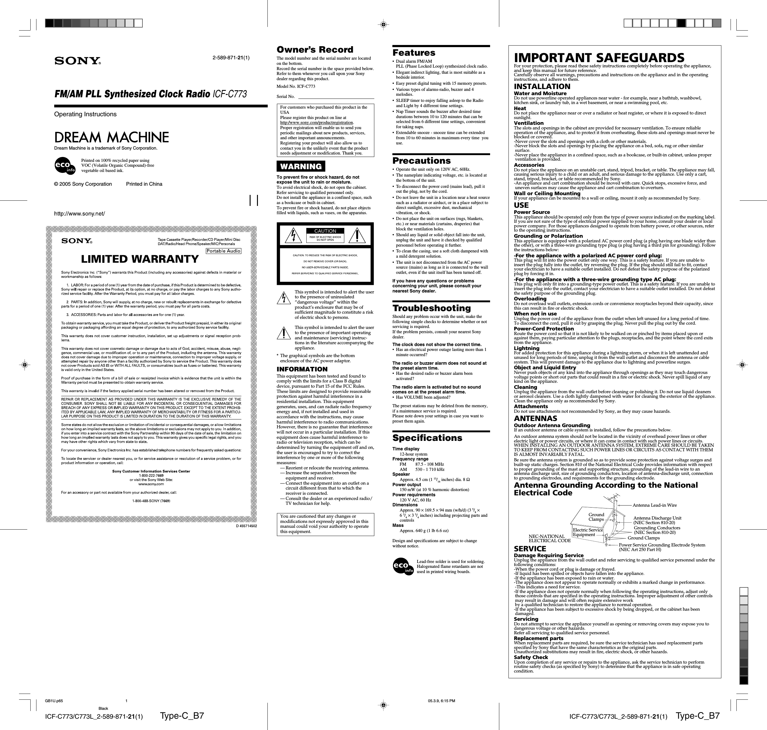 Page 1 of 2 - Sony ICF-C773 User Manual Operating Instructions ICFC773
