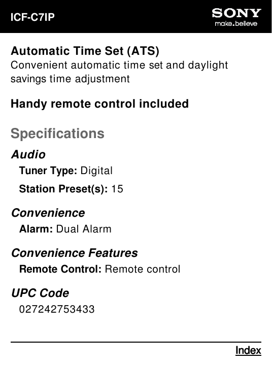 Page 3 of 5 - Sony ICF-C7IP User Manual Marketing Specifications (Black ) ICFC7i P Mksp