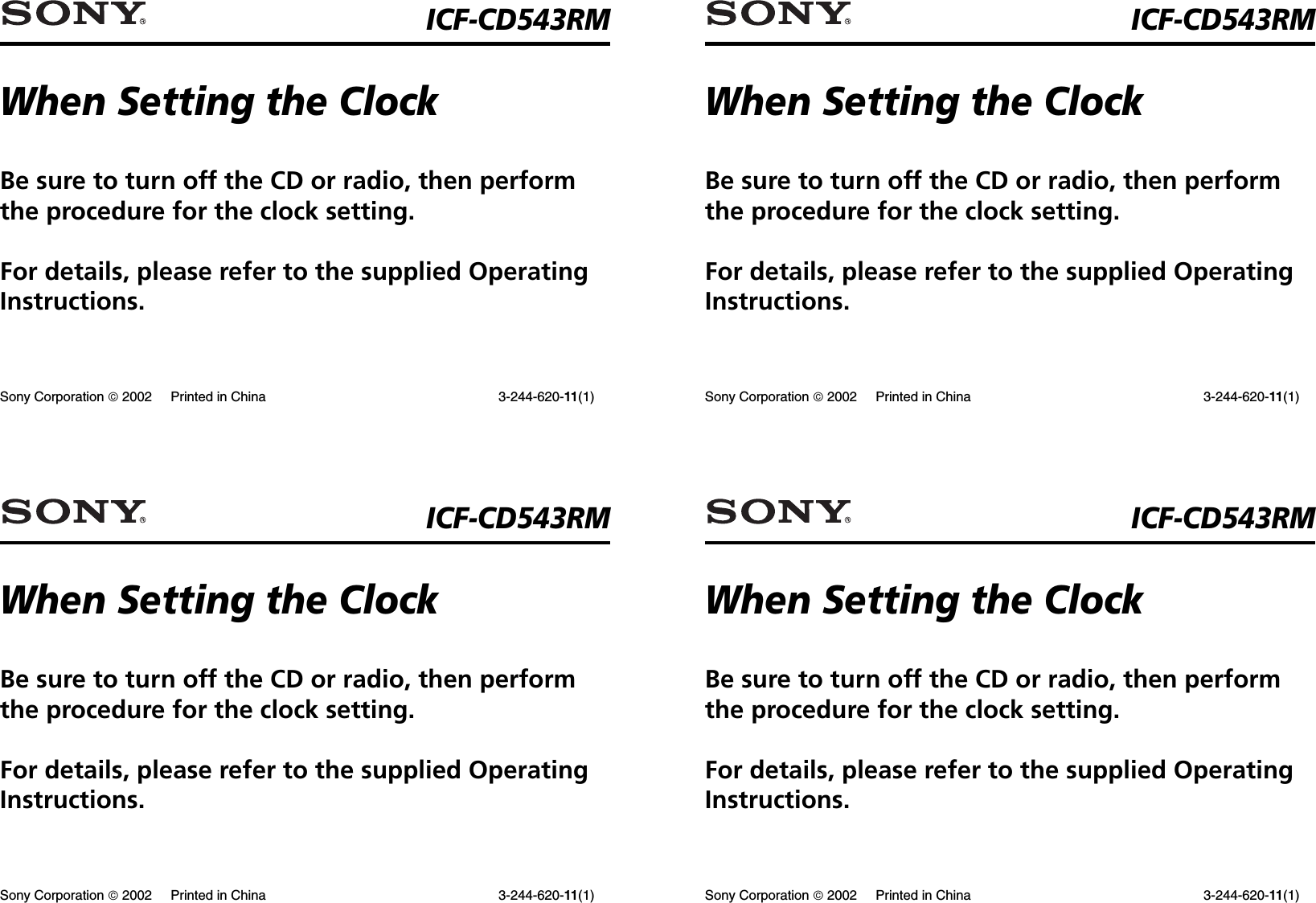 Page 1 of 1 - Sony ICF-CD543RM User Manual Note On Setting The Clock ICFCD543RMsupplement