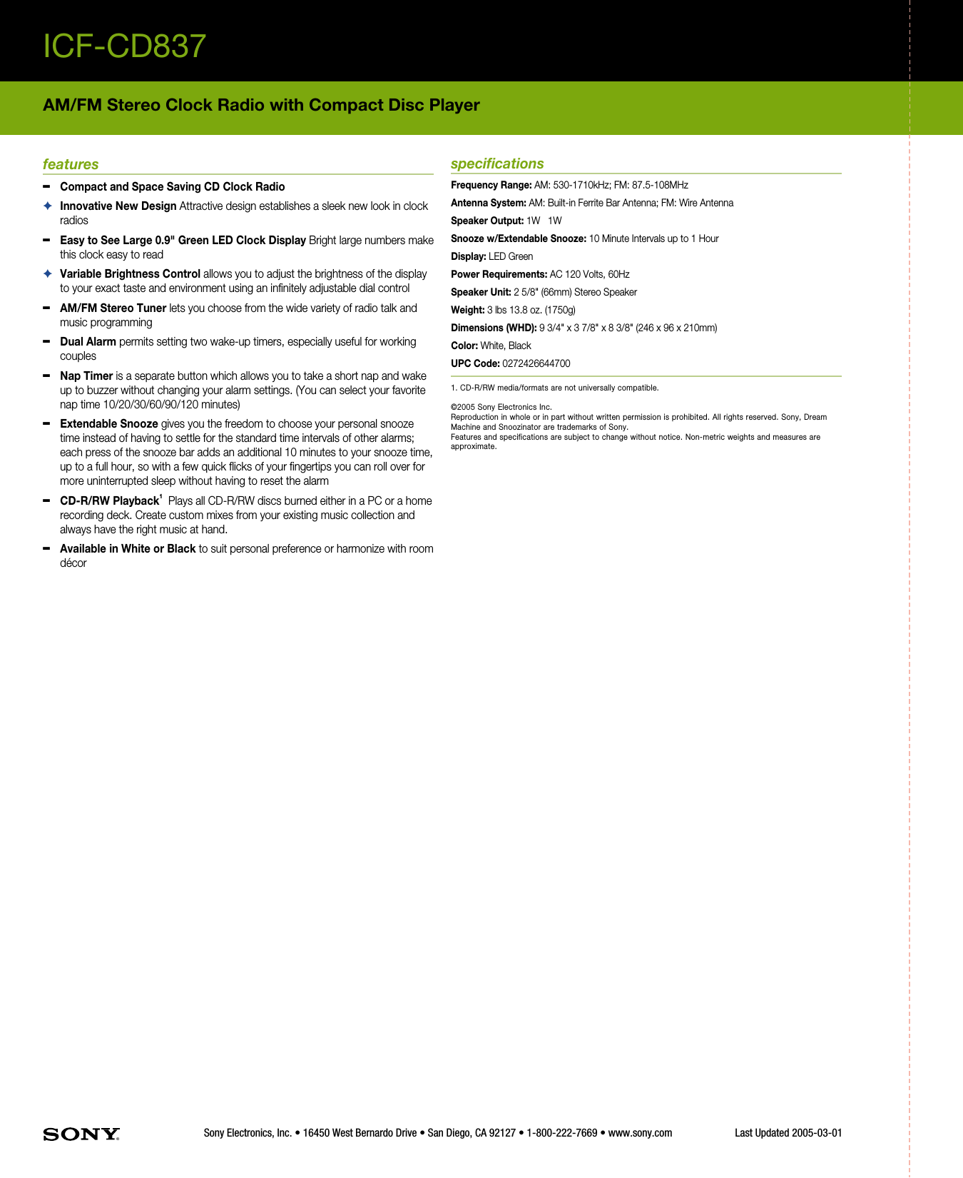 Page 2 of 2 - Sony ICF-CD837 ICF-CD837_REV_PA User Manual Marketing Specifications Specs