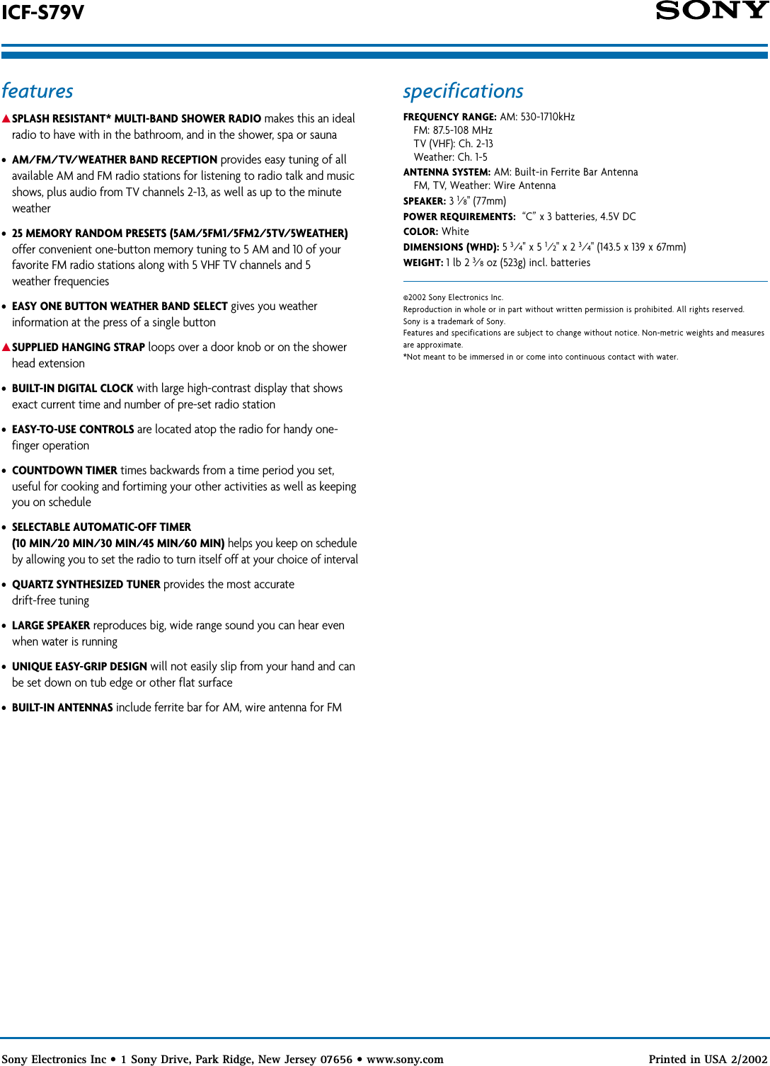 Page 2 of 2 - Sony ICF-S79V SON 907; User Manual Marketing Specifications ICFS79V Sp