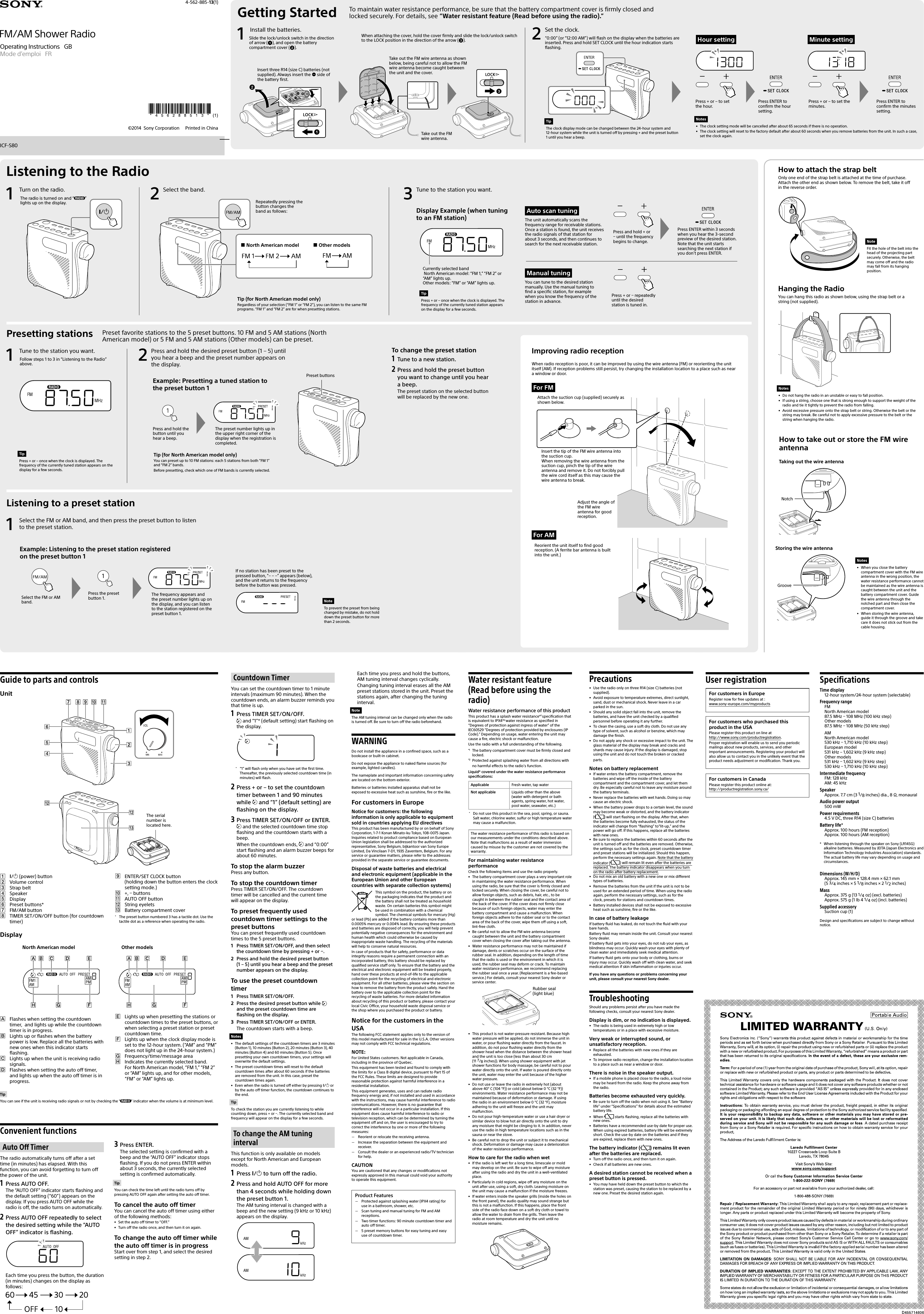 Page 1 of 2 - Sony ICF-S80 User Manual Operating Instructions 4562885131