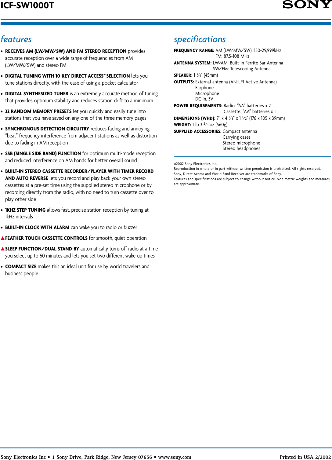 Page 2 of 2 - Sony ICF-SW1000TS SON 907; ICF-SW1000T User Manual Marketing Specifications ICFSW1000TS Mksp
