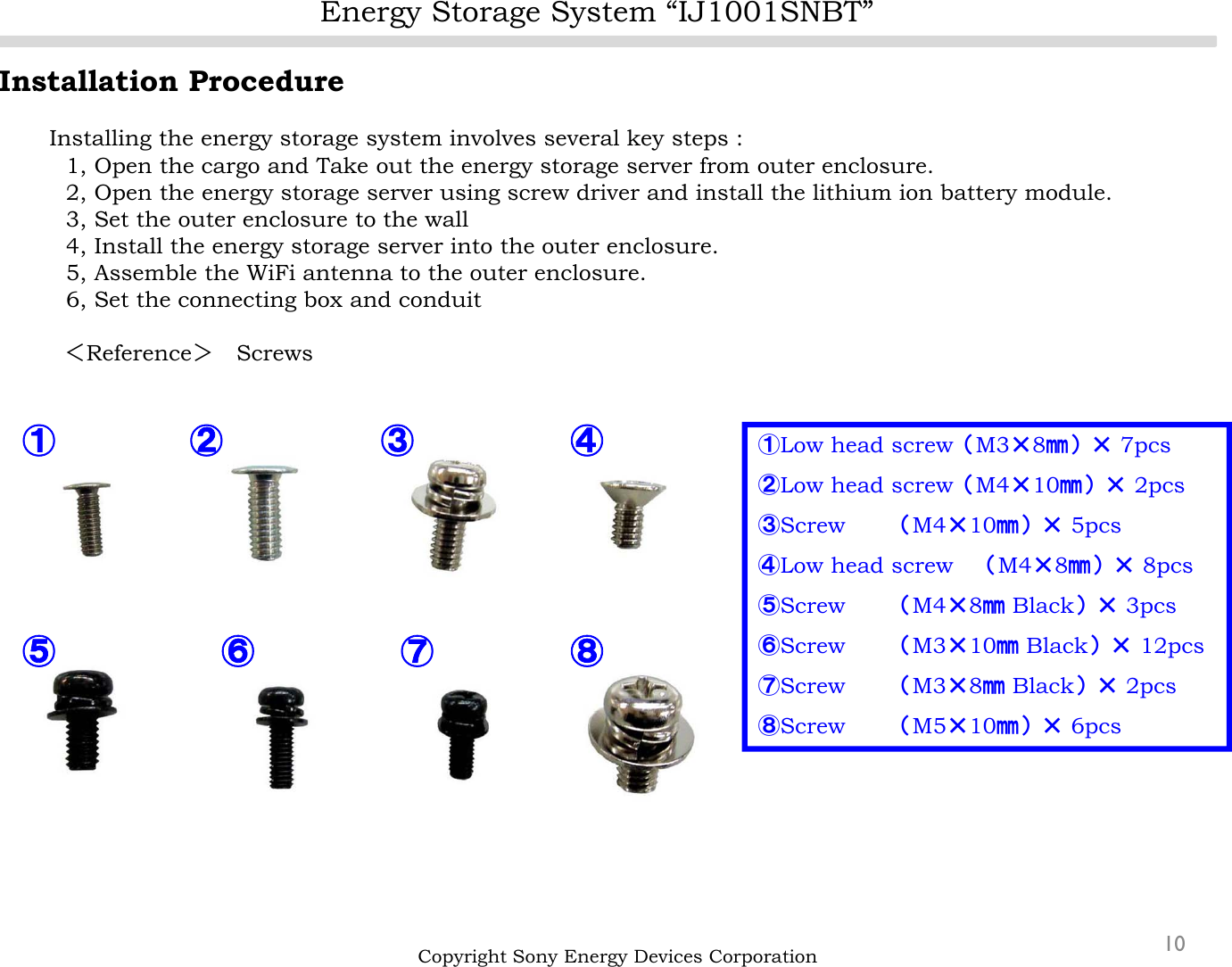 Energy Storage System “IJ1001SNBT”10Installation ProcedureInstalling the energy storage system involves several key steps :1, Open the cargo and Take out the energy storage server from outer enclosure.2, Open the energy storage server using screw driver and install the lithium ion battery module.3, Set the outer enclosure to the wall4, Install the energy storage server into the outer enclosure.5, Assemble the WiFi antenna to the outer enclosure.6, Set the connecting box and conduit＜Reference＞ScrewsCopyright Sony Energy Devices Corporation①② ③ ④⑤⑥⑦⑧①Low head screw（M3×8㎜）× 7pcs②Low head screw（M4×10㎜）× 2pcs③Screw （M4×10㎜）× 5pcs④Low head screw （M4×8㎜）× 8pcs⑤Screw （M4×8㎜Black）× 3pcs⑥Screw （M3×10㎜Black）× 12pcs⑦Screw （M3×8㎜Black）× 2pcs⑧Screw （M5×10㎜）× 6pcs