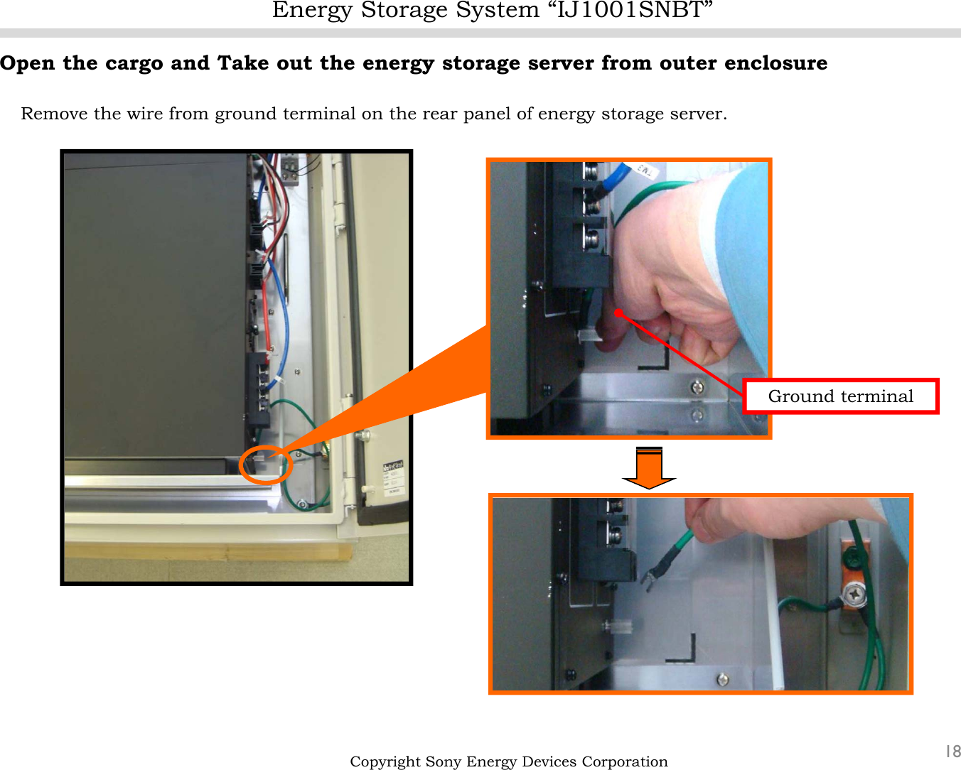 Energy Storage System “IJ1001SNBT”18Open the cargo and Take out the energy storage server from outer enclosureRemove the wire from ground terminal on the rear panel of energy storage server.Copyright Sony Energy Devices CorporationGround terminal