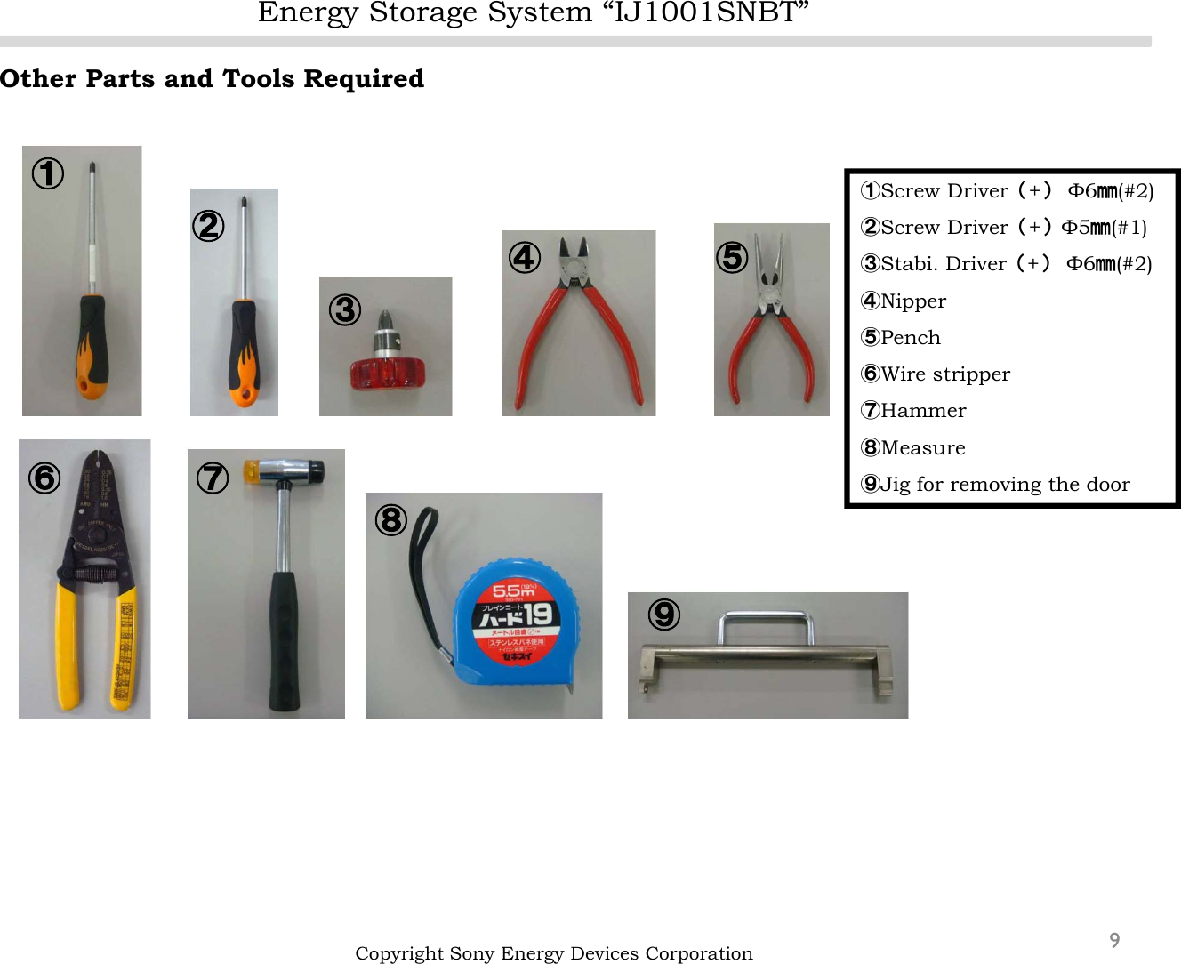 Energy Storage System “IJ1001SNBT”9Other Parts and Tools RequiredCopyright Sony Energy Devices Corporation①②③④⑤⑥⑦⑧⑨①Screw Driver（+）Φ6㎜(#2)②Screw Driver（+）Φ5㎜(#1)③Stabi. Driver（+）Φ6㎜(#2)④Nipper⑤Pench⑥Wire stripper⑦Hammer⑧Measure⑨Jig for removing the door