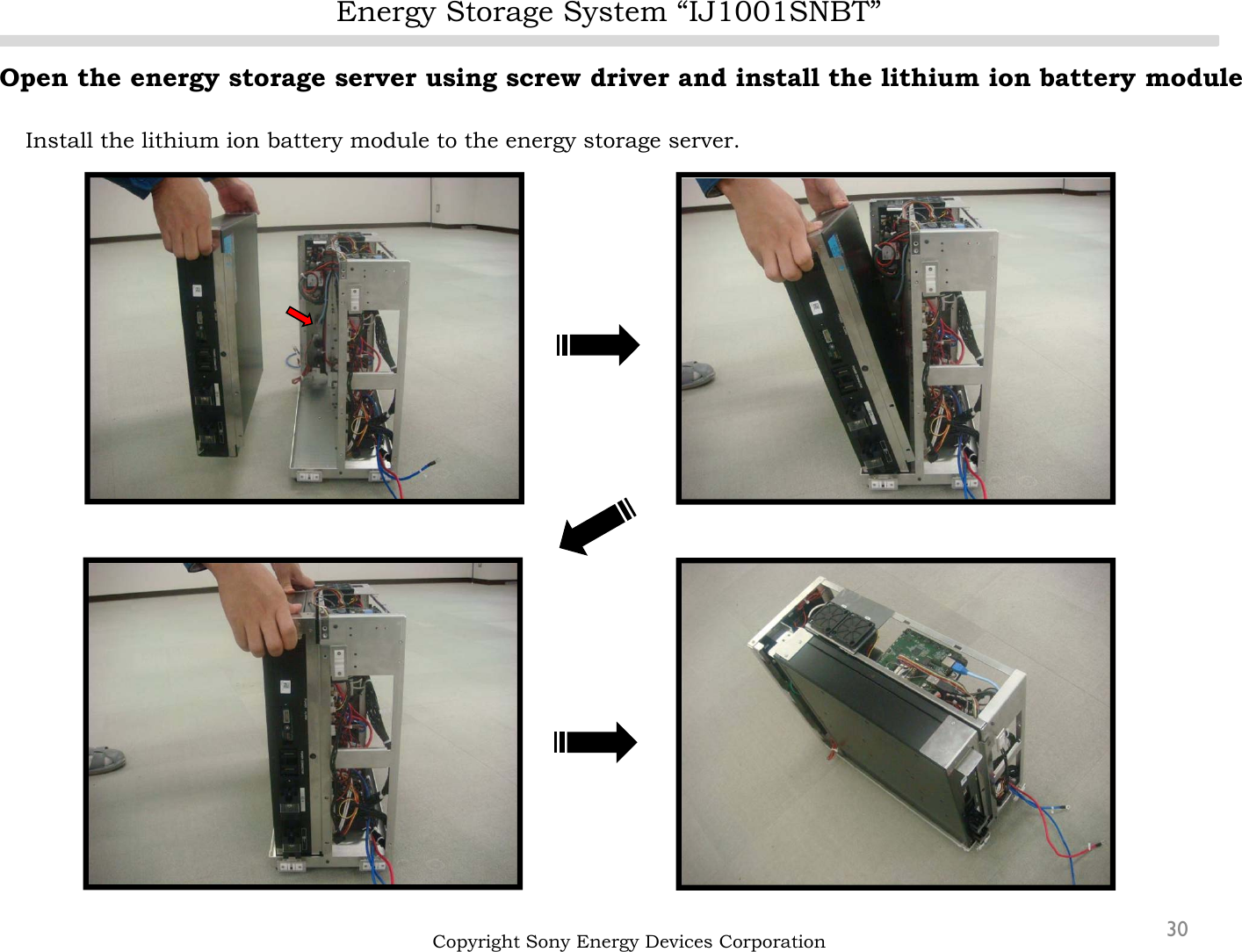 Energy Storage System “IJ1001SNBT”30Open the energy storage server using screw driver and install the lithium ion battery moduleInstall the lithium ion battery module to the energy storage server.Copyright Sony Energy Devices Corporation