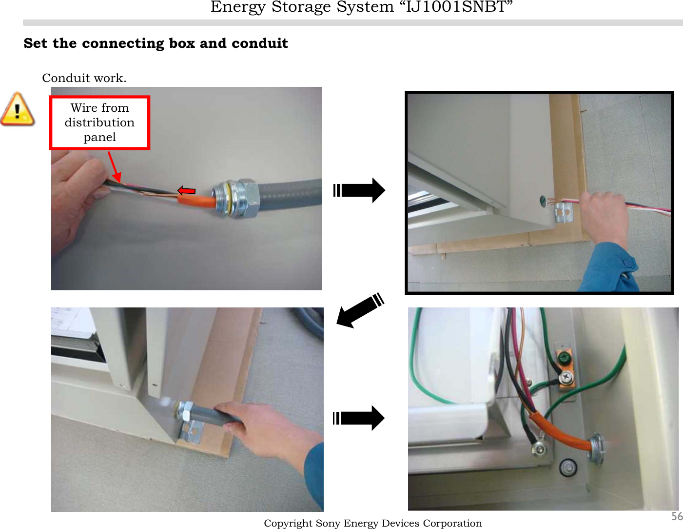 Energy Storage System “IJ1001SNBT”56Set the connecting box and conduitConduit work.Copyright Sony Energy Devices CorporationWire from distribution panel