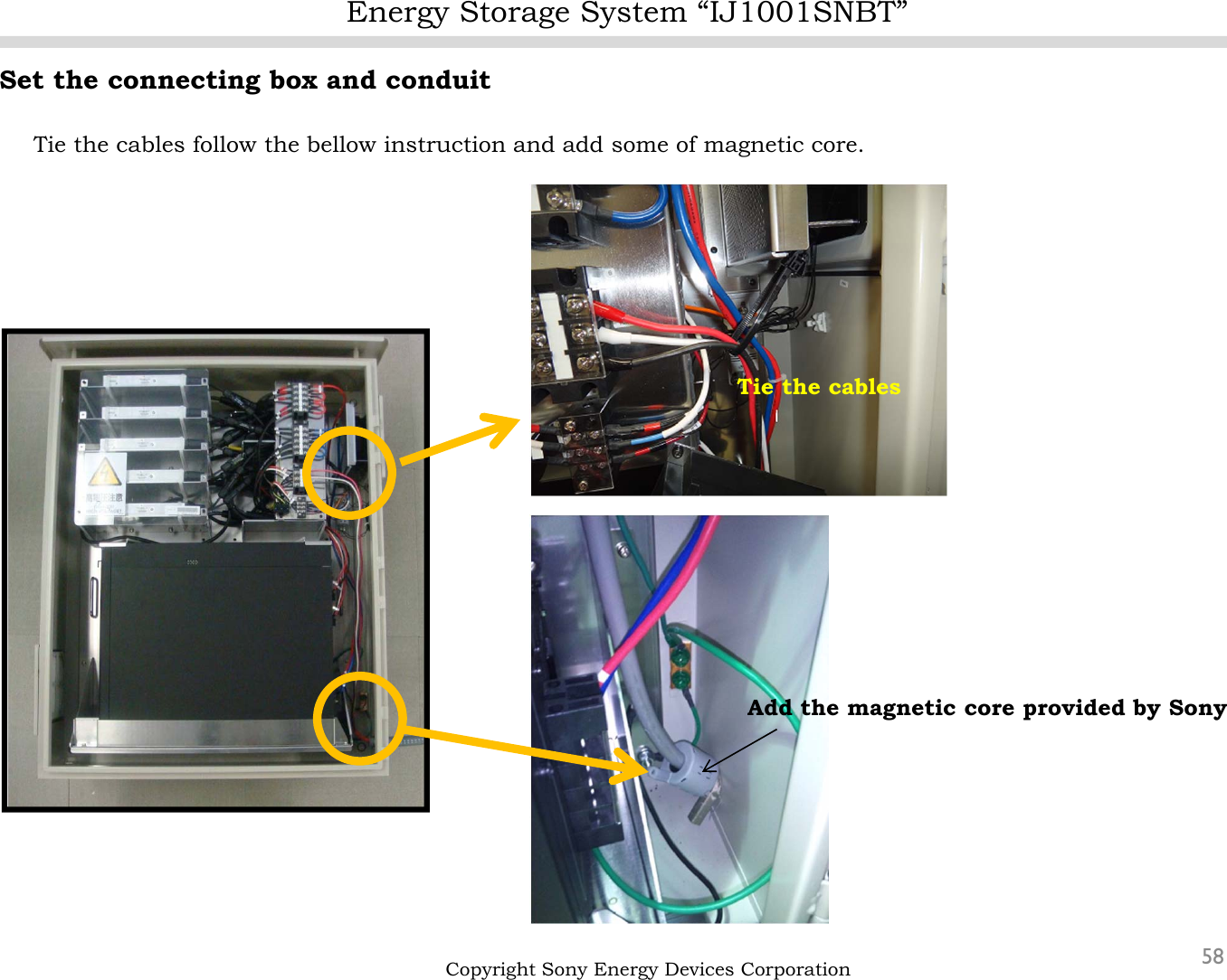 Energy Storage System “IJ1001SNBT”58Set the connecting box and conduitTie the cables follow the bellow instruction and add some of magnetic core.Copyright Sony Energy Devices CorporationTie the cablesAdd the magnetic core provided by Sony