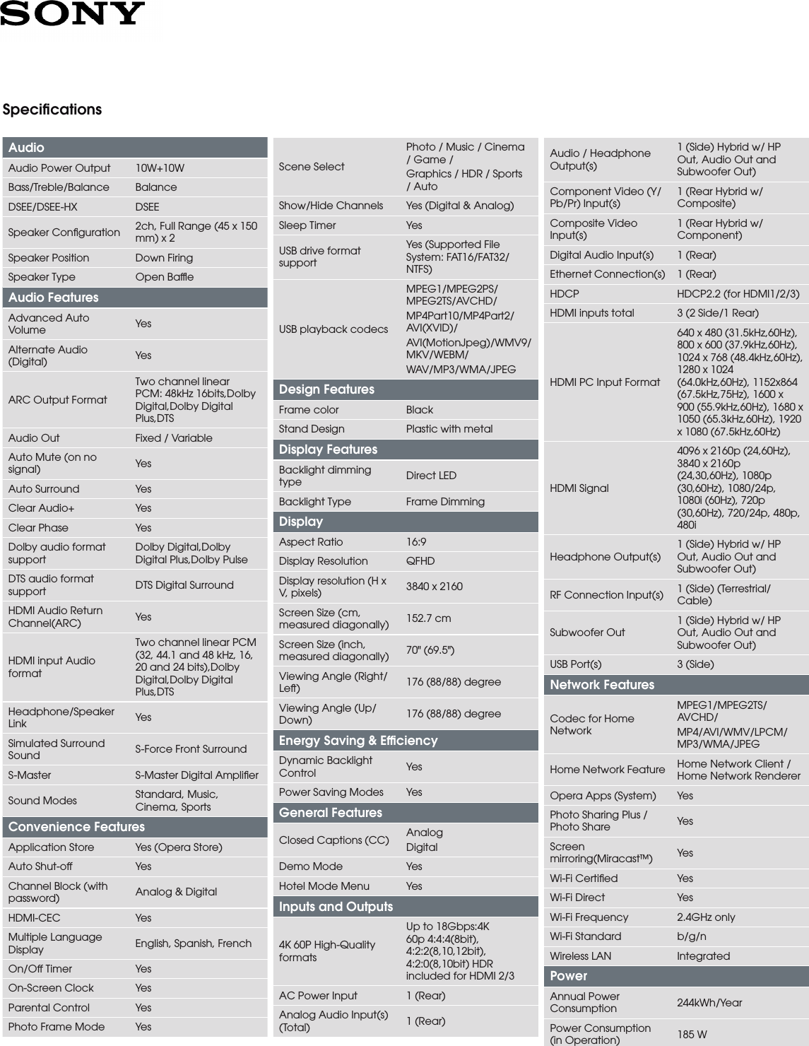 Sony Kd 70x690e User Manual Marketing Specifications Kd70x690e Mksp